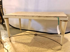 Mid-Century Modern Coffee Table Inset Travertine Marble-Top and Brass Stretcher