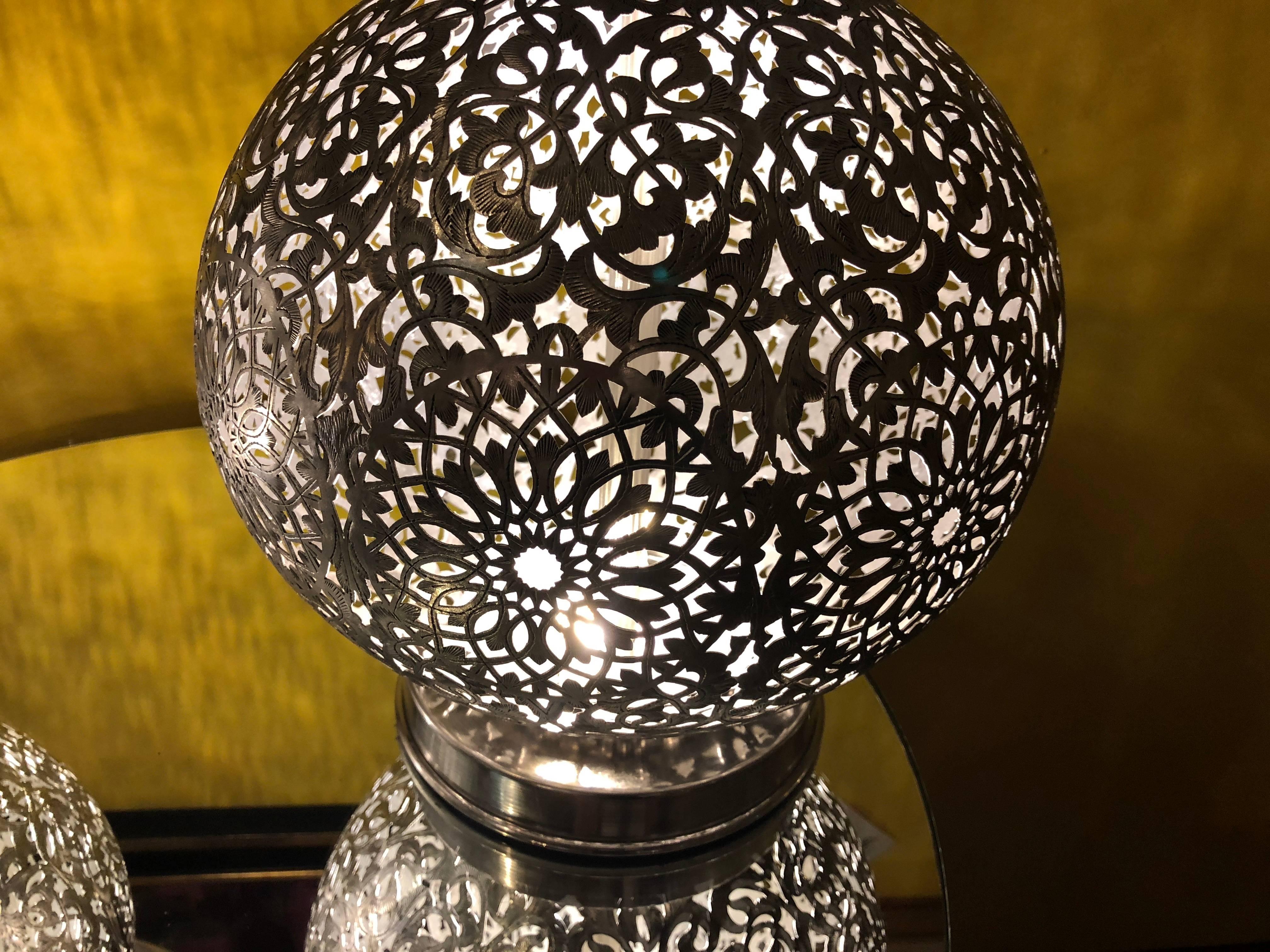 Moorish Pair of Round White Brass Table Lamps