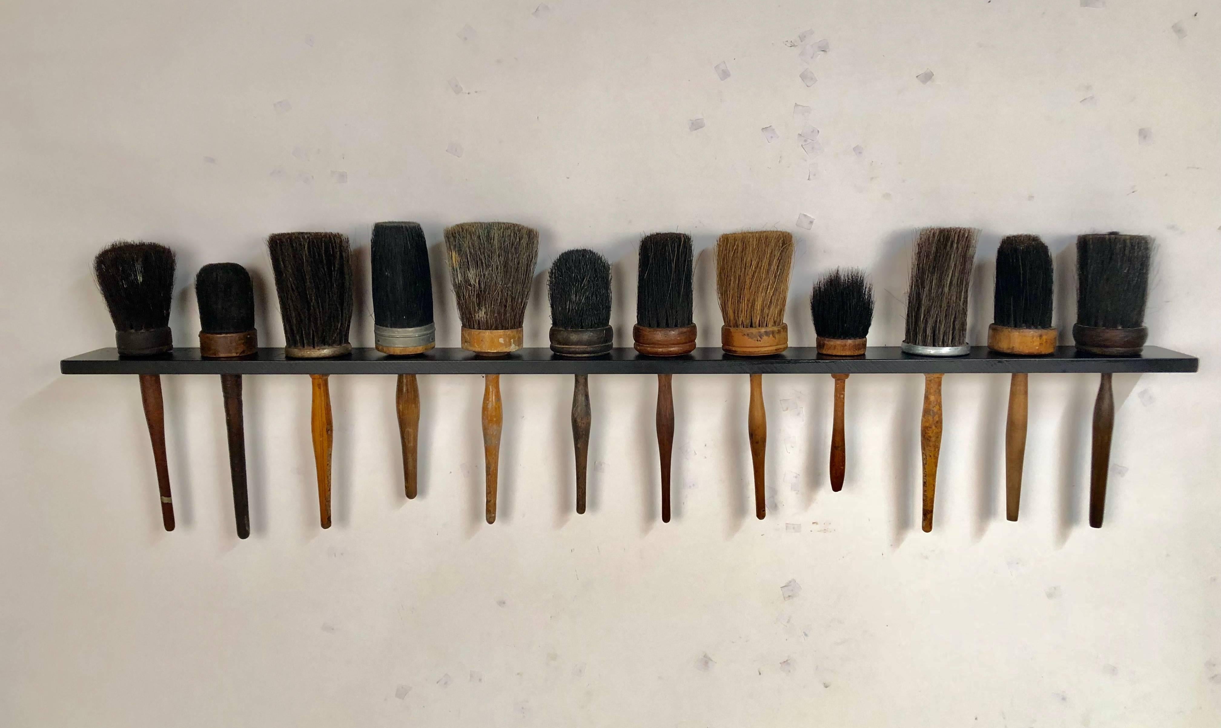 Collection of 12 Antique Shaker Style Turned Wood Handle Horse Hair Brushes In Good Condition In Stamford, CT