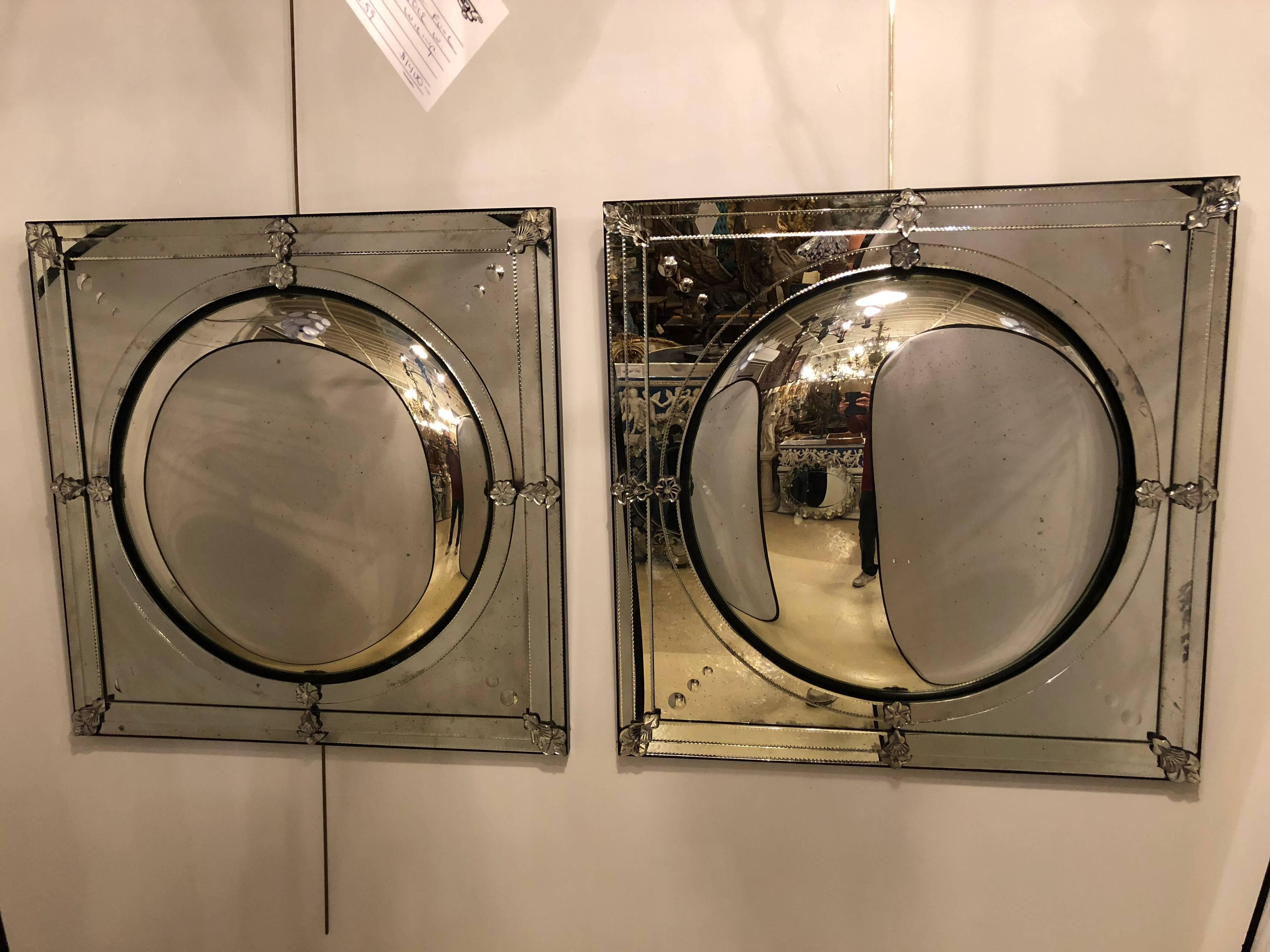 A Pair Of Modern Convex Center Square Framed Wall or Console Mirrors. These Hollywood Regency or Art Deco Style Wall or Console Mirrors have flair and style that is certain to light up any room setting. The convex bubble center circle is framed in