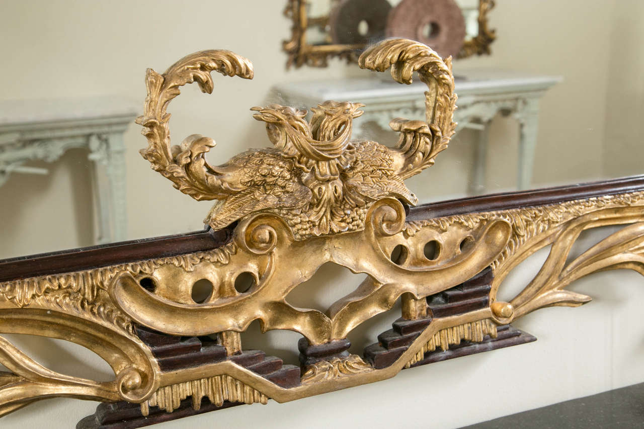 Wood Palatial Chinese Chippendale Style Mirror with Ebonized and Antique Gold Leaf