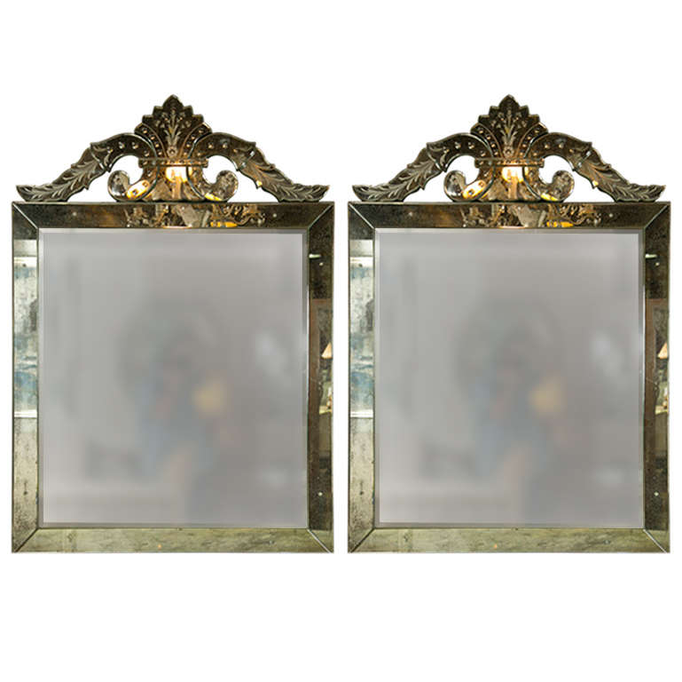 Pair of Distressed Venetian Roma Style Square Mirrors Crest Etched Detail