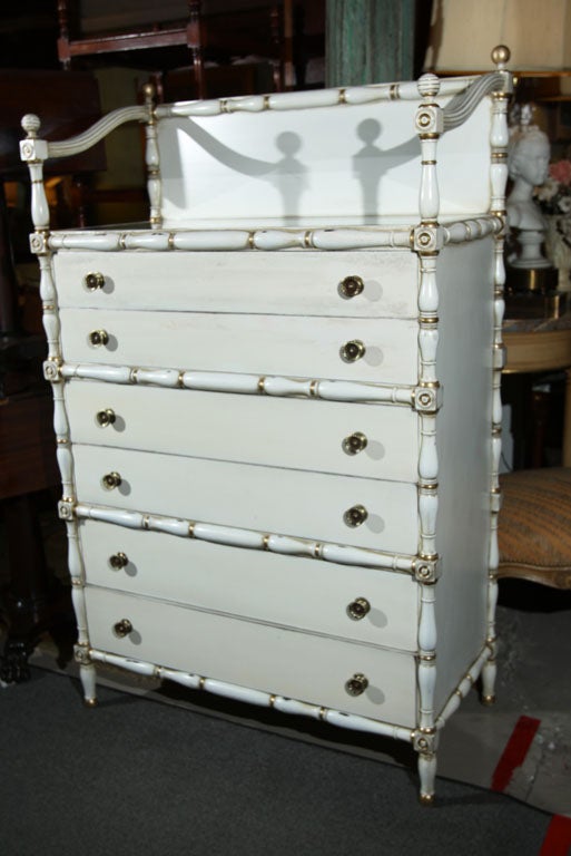 Stamped Maison Jansen faux bamboo six-drawer chest or dresser with mirrored top. Brass pulls, gilt decorated.