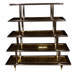 Maison Jansen Ebonized Étagère Five-Tier Shelves Églomisé Gilt Glass Inserts