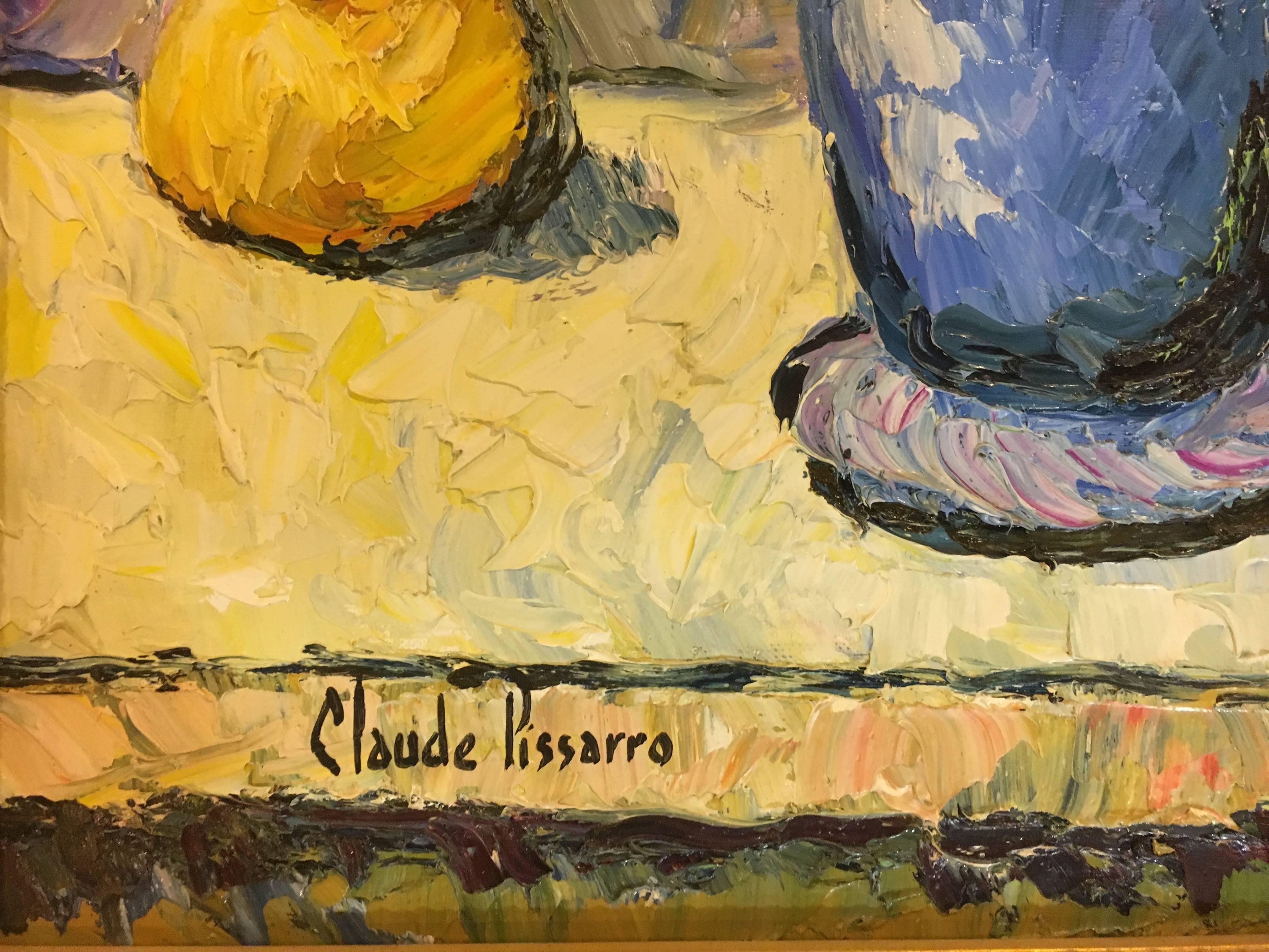 Moderne Hugues Claude Pissarro huile sur toile - Peinture - Le Bouquet Au Vase Bleu en vente