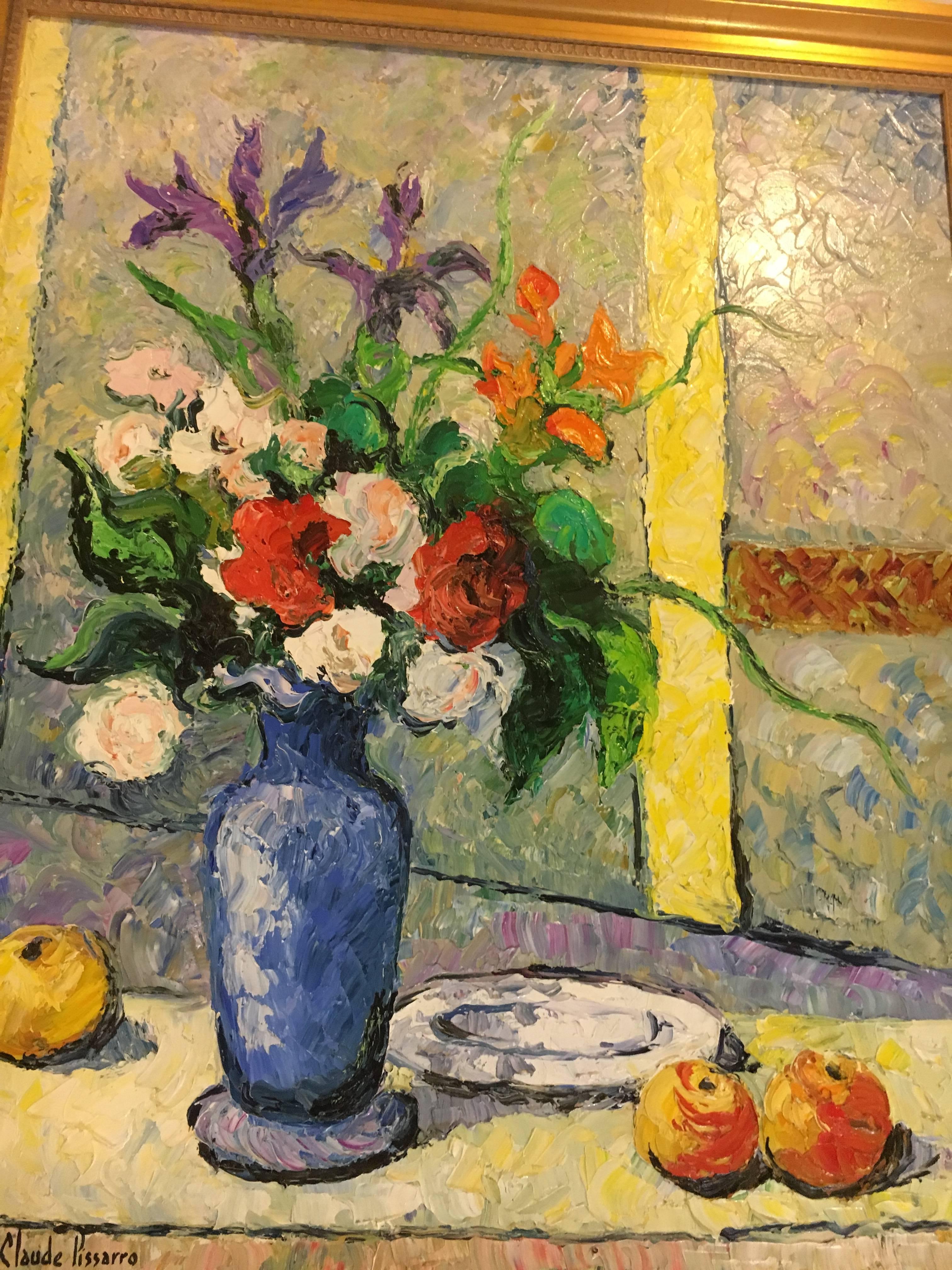 Français Hugues Claude Pissarro huile sur toile - Peinture - Le Bouquet Au Vase Bleu en vente