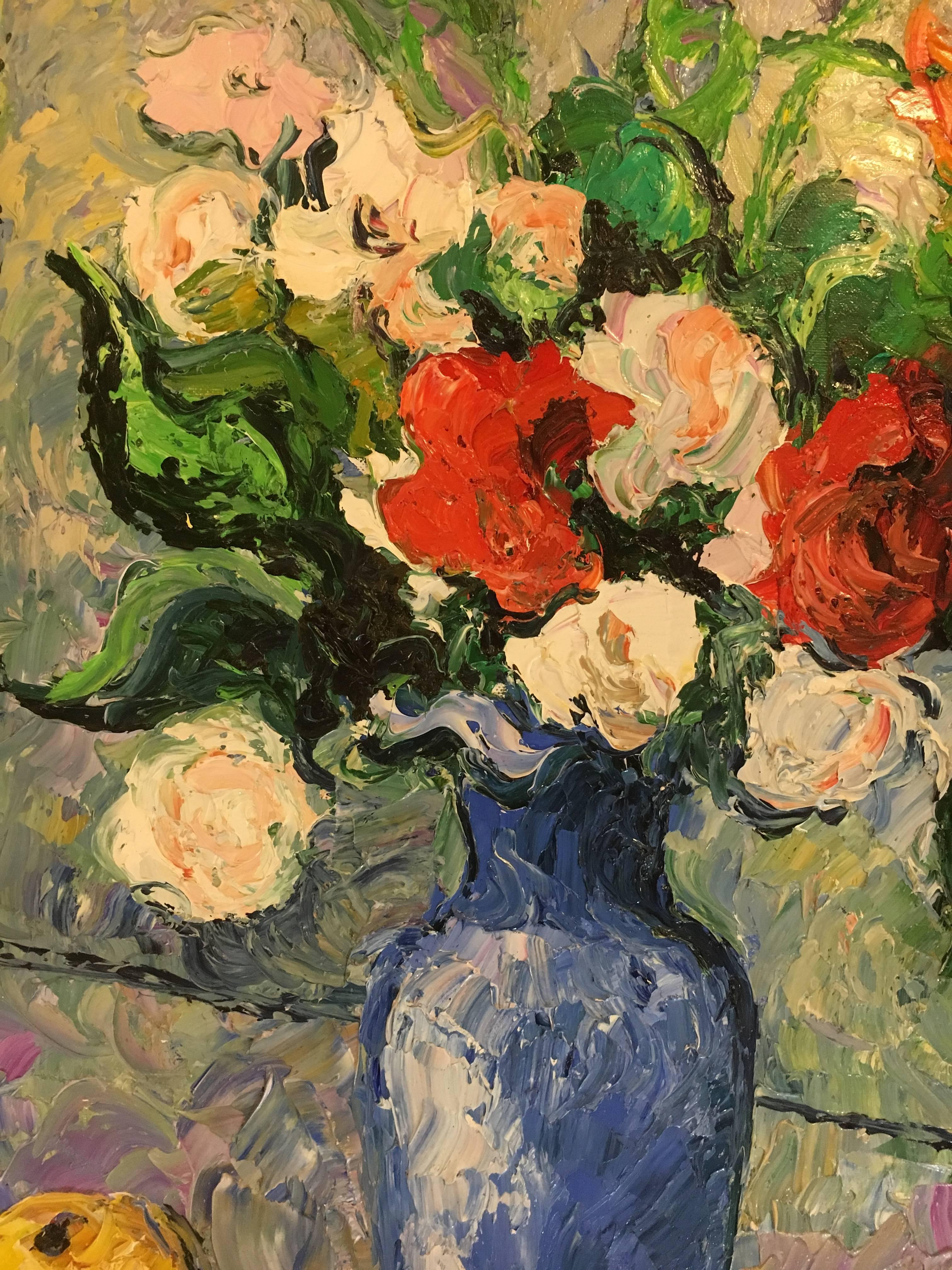 Hugues Claude Pissarro huile sur toile - Peinture - Le Bouquet Au Vase Bleu Bon état - En vente à Stamford, CT