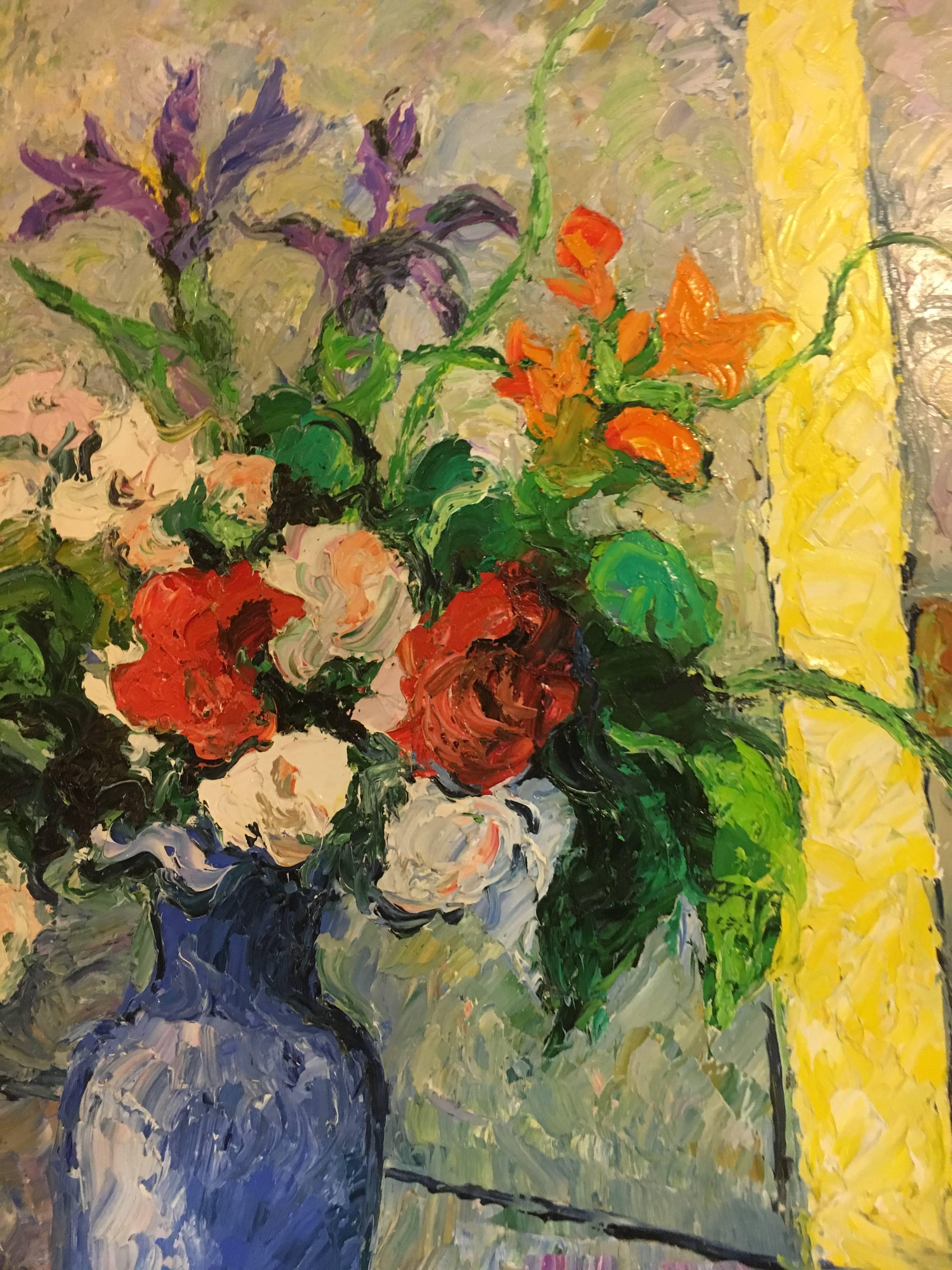 20th Century Hugues Claude Pissarro Oil on Canvas Painting Le Bouquet Au Vase Bleu For Sale