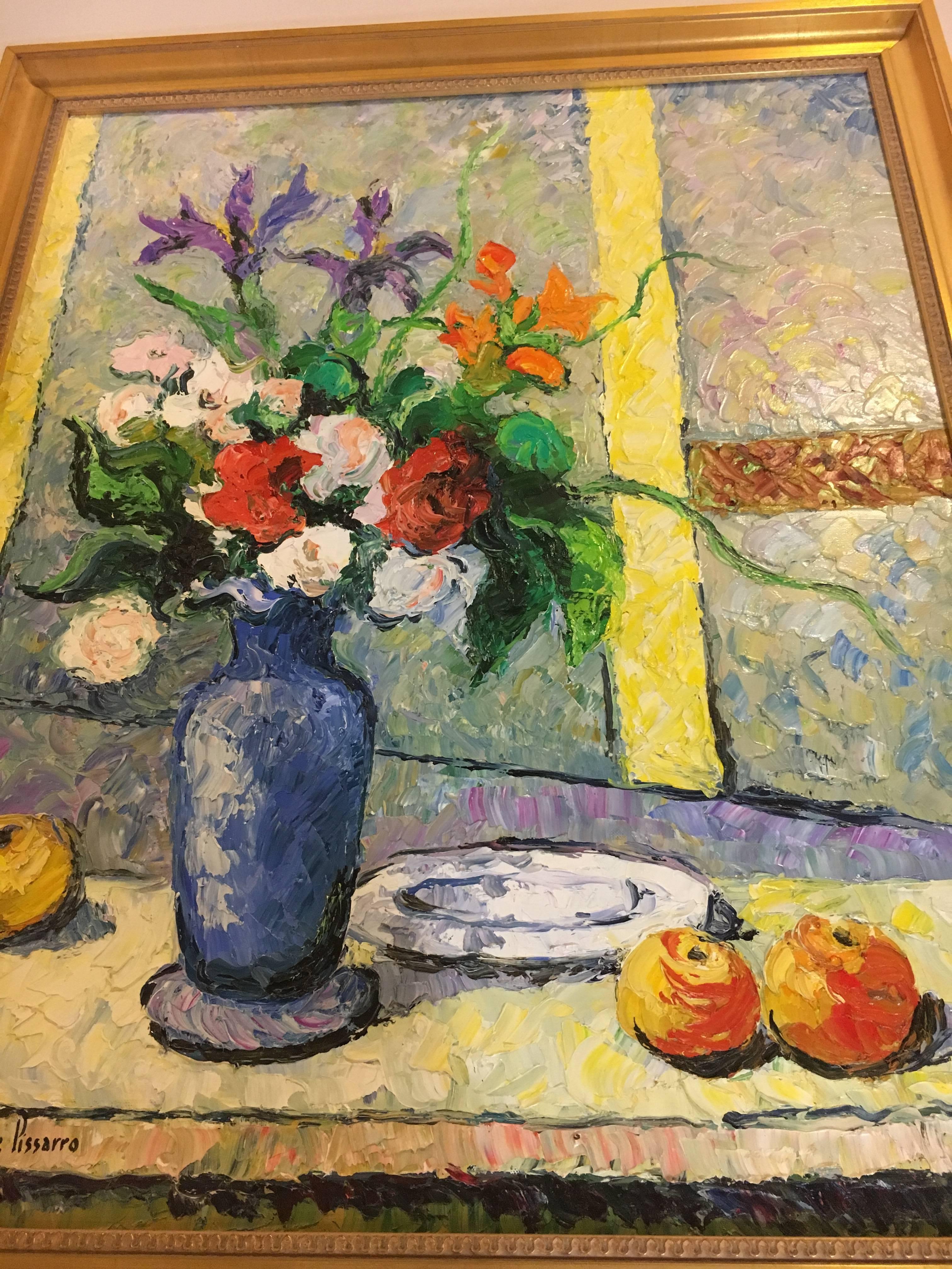 Hugues Claude Pissarro huile sur toile - Peinture - Le Bouquet Au Vase Bleu en vente 1