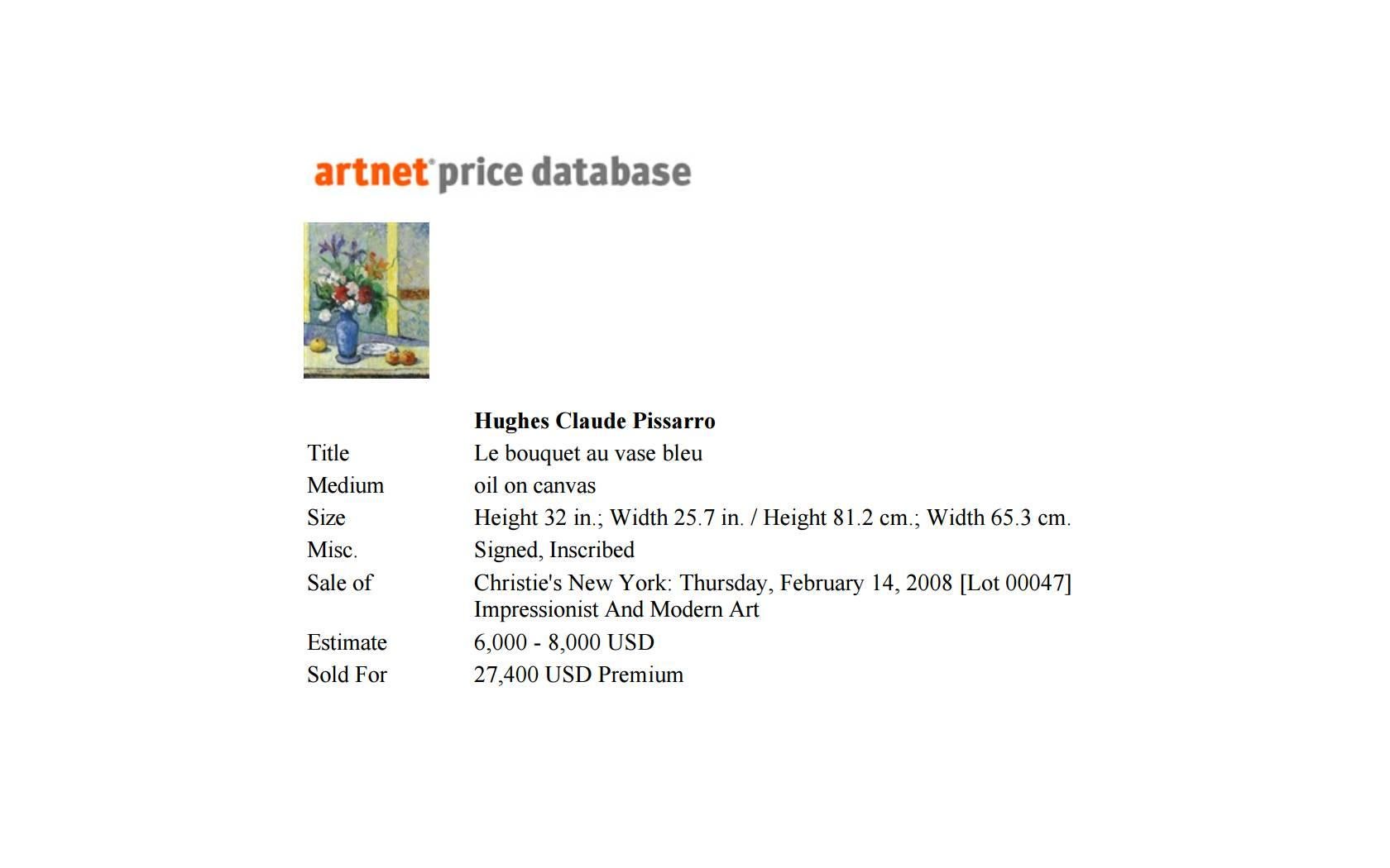 Hugues Claude Pissarro Oil on Canvas Painting Le Bouquet Au Vase Bleu For Sale 3