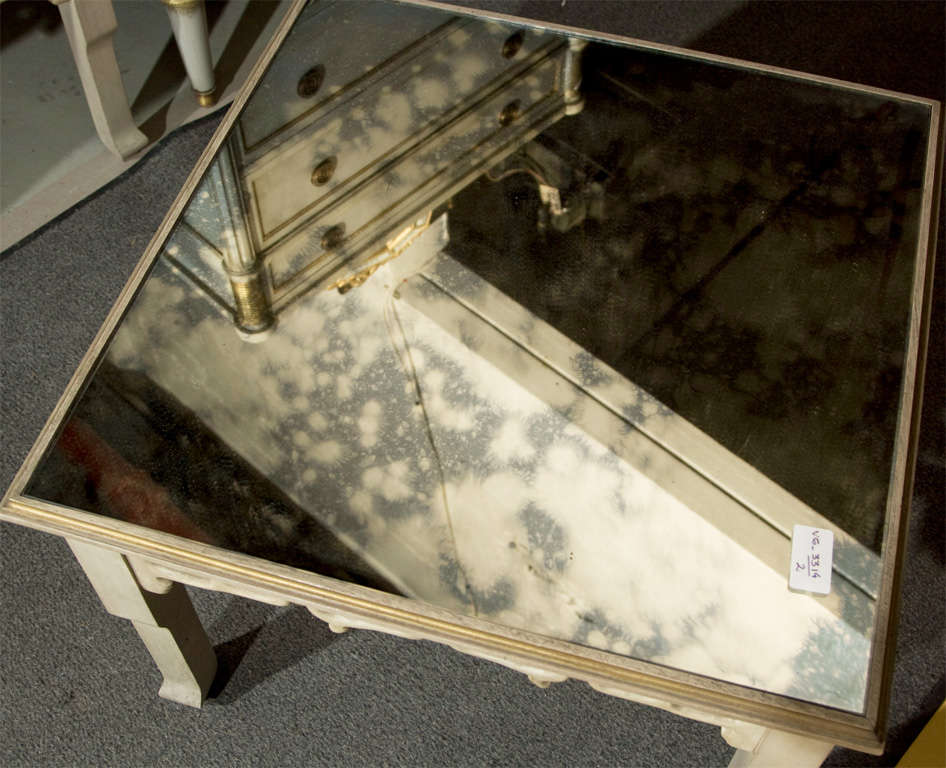 Distressed Mirror Glass Top Squared Asian Style End Tables Stamped Jansen, Pair In Good Condition In Stamford, CT