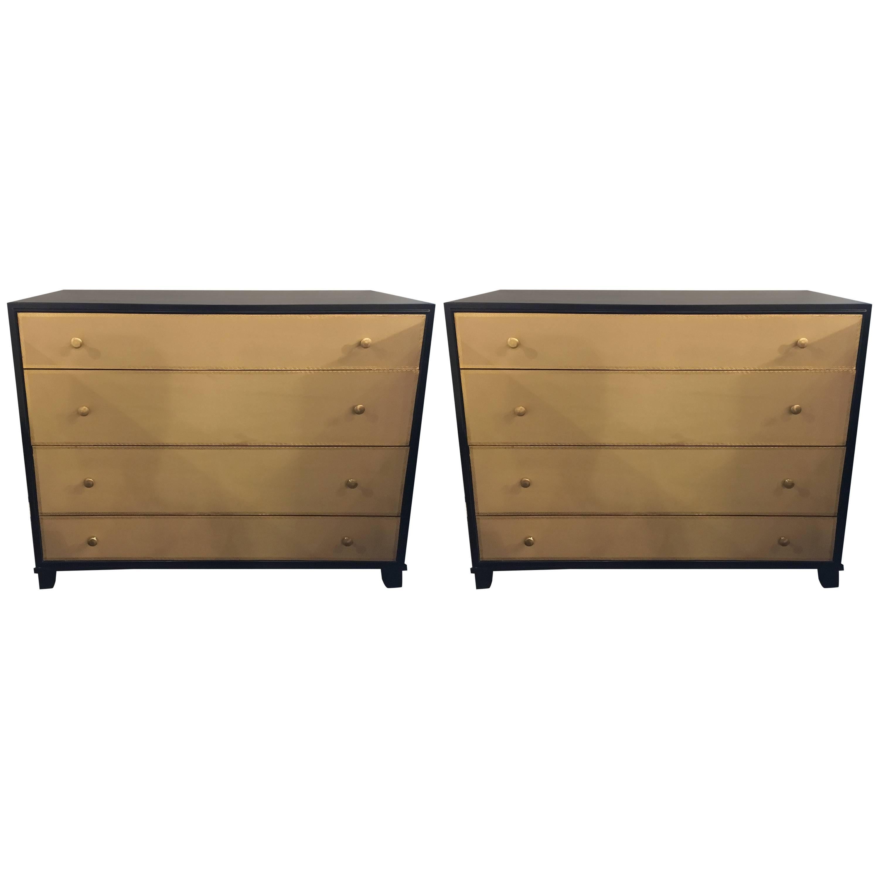 Pair of Parzinger Style Large Chests with Four Leather Front Drawers