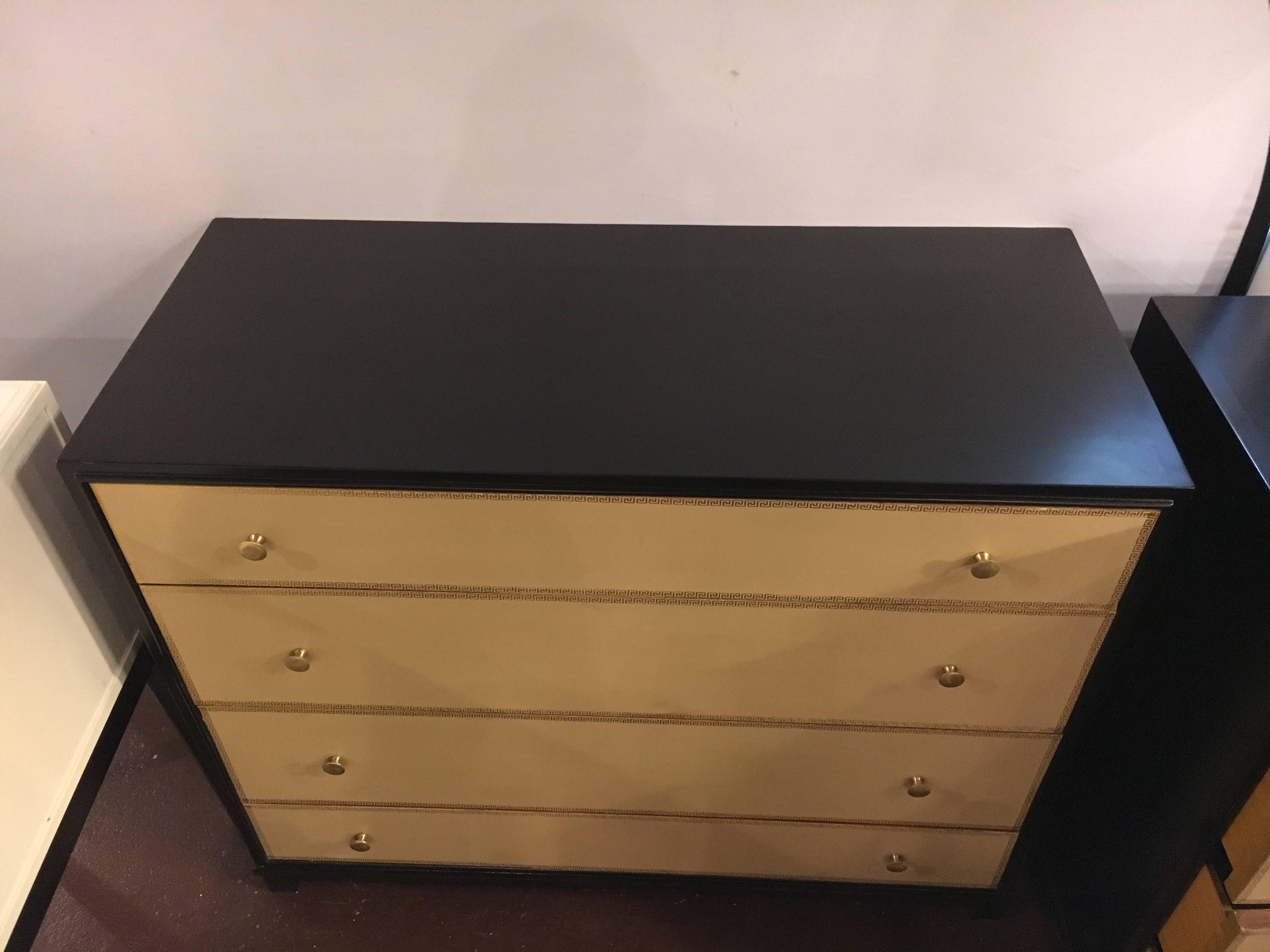 Pair of Parzinger Style Large Chests with Four Leather Front Drawers In Good Condition In Stamford, CT