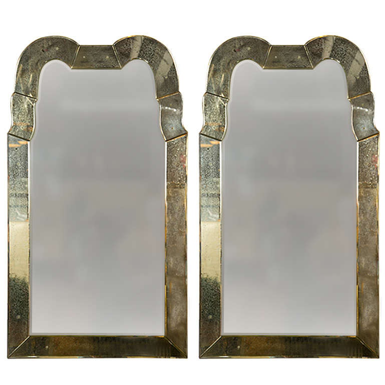 Pair of Fine "Queen Anne" Style Antiqued Venetian Distressed Glass Mirrors