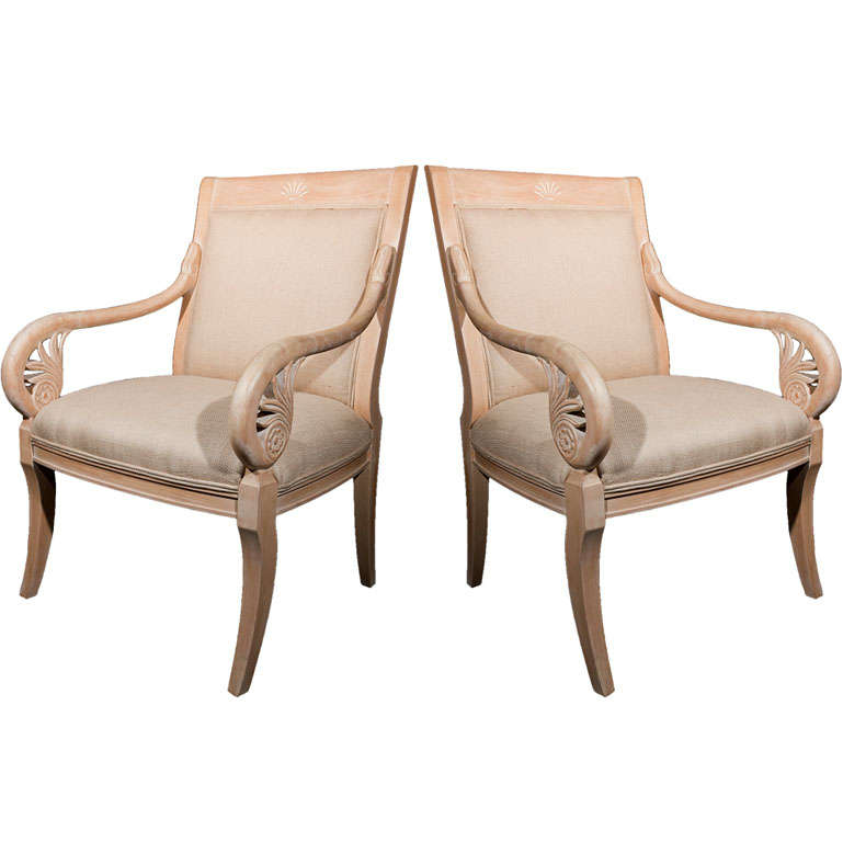 Pair of French Distressed Armchairs Upholstered in Burlap