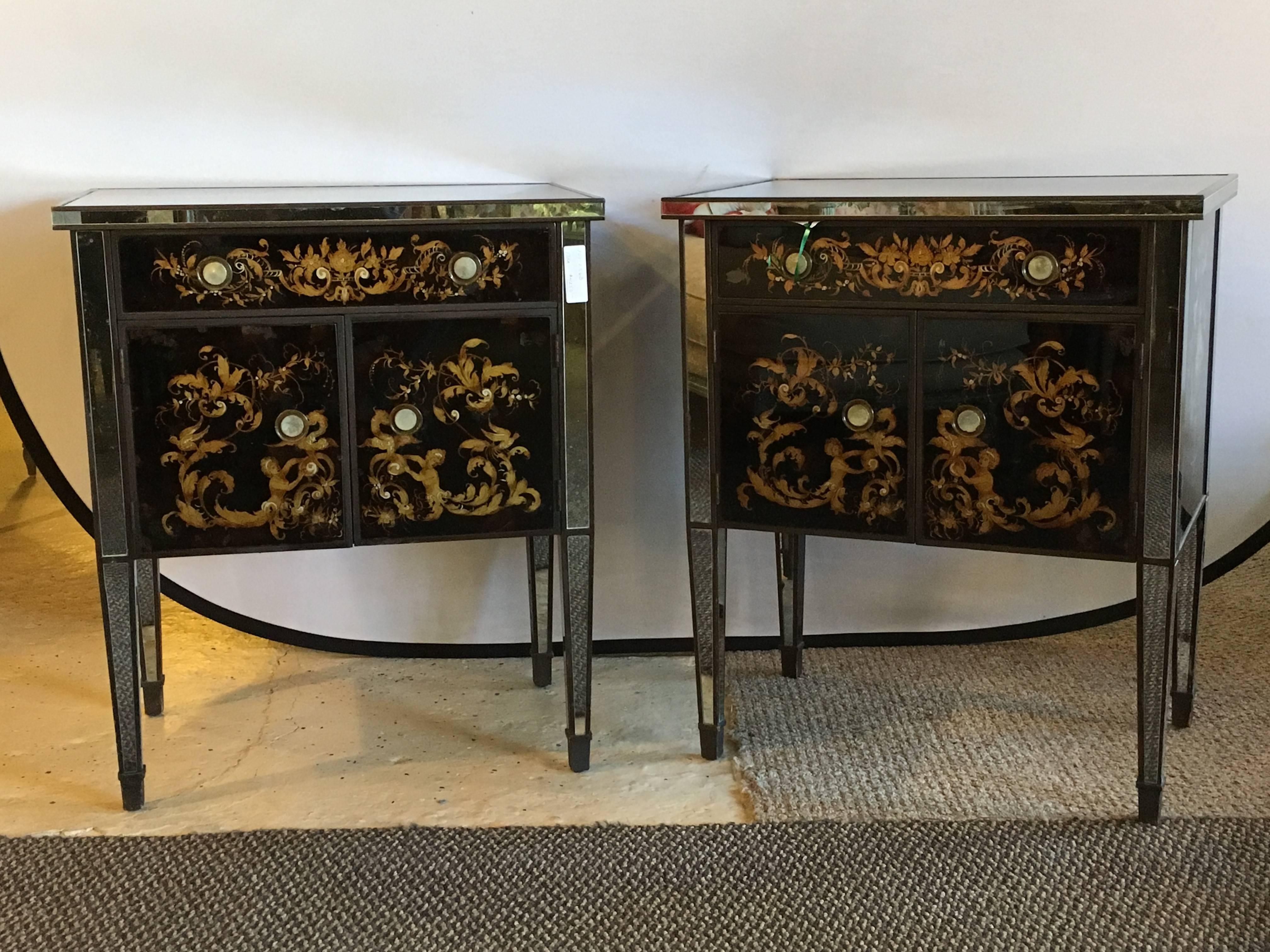 Pair of Jansen Mirror and Églomisé Nightstands or End Tables 3