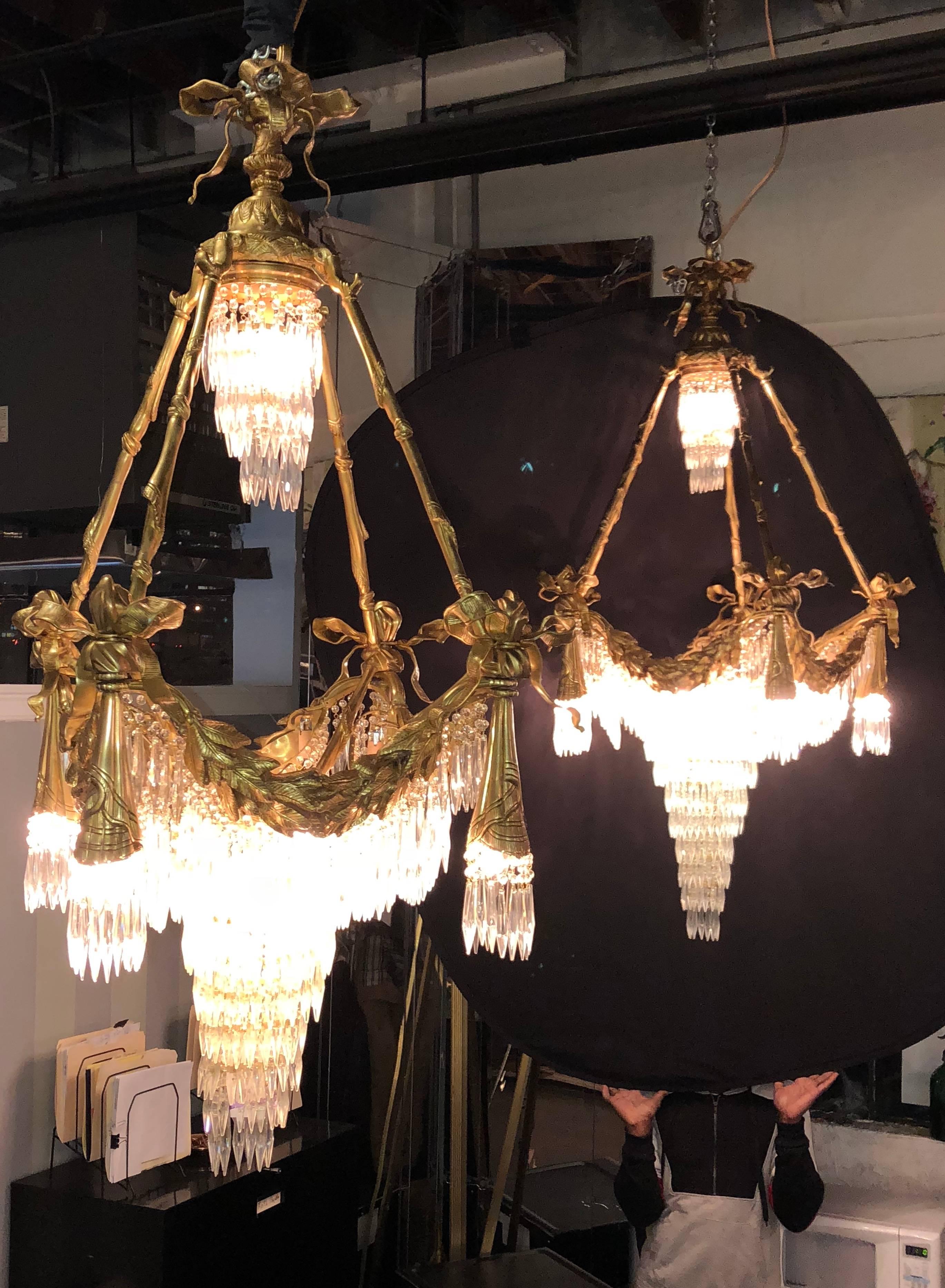 Pair of Bronze Louis XVI Style Crystal Ribbon and Tassle Drapery Chandeliers In Good Condition In Stamford, CT