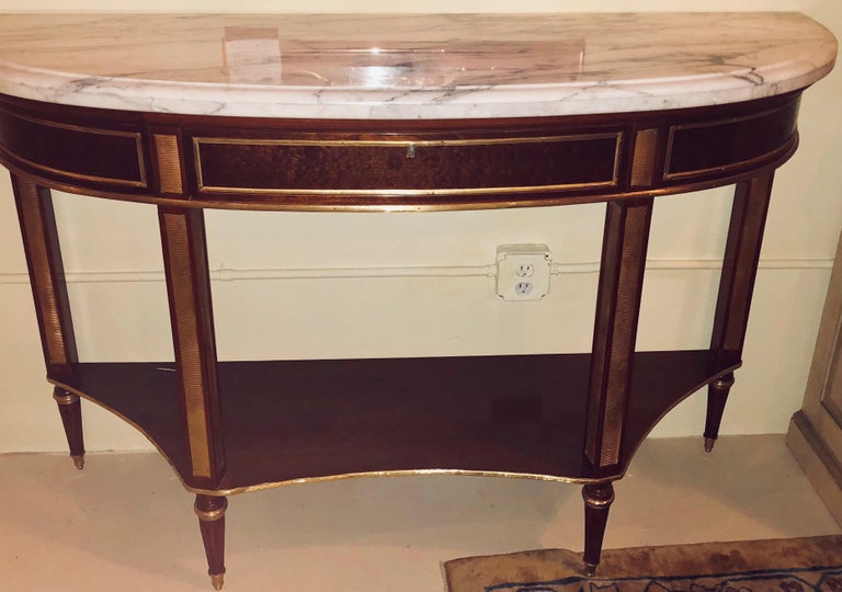 Pair Of Mahogany Marble Top Demilune Jansen Style Consoles Or Sofa Louis Xv Pair Of Mahogany Marble Top Demilune Jansen Style Consoles Or Sofa Tables For