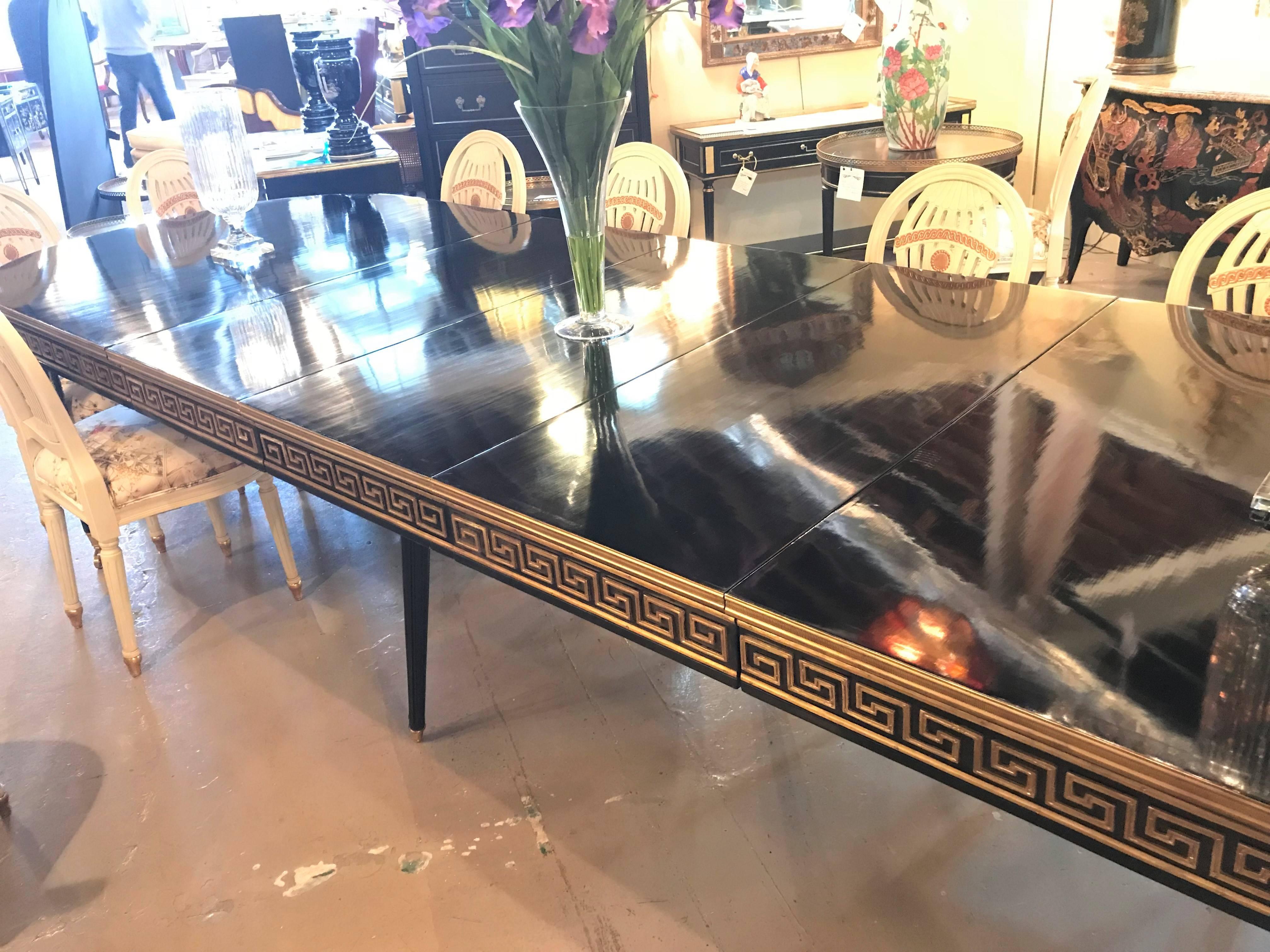 Maison Jansen Manner Bronze-Mounted Greek Key Design Ebonized Dining Room Table In Good Condition In Stamford, CT