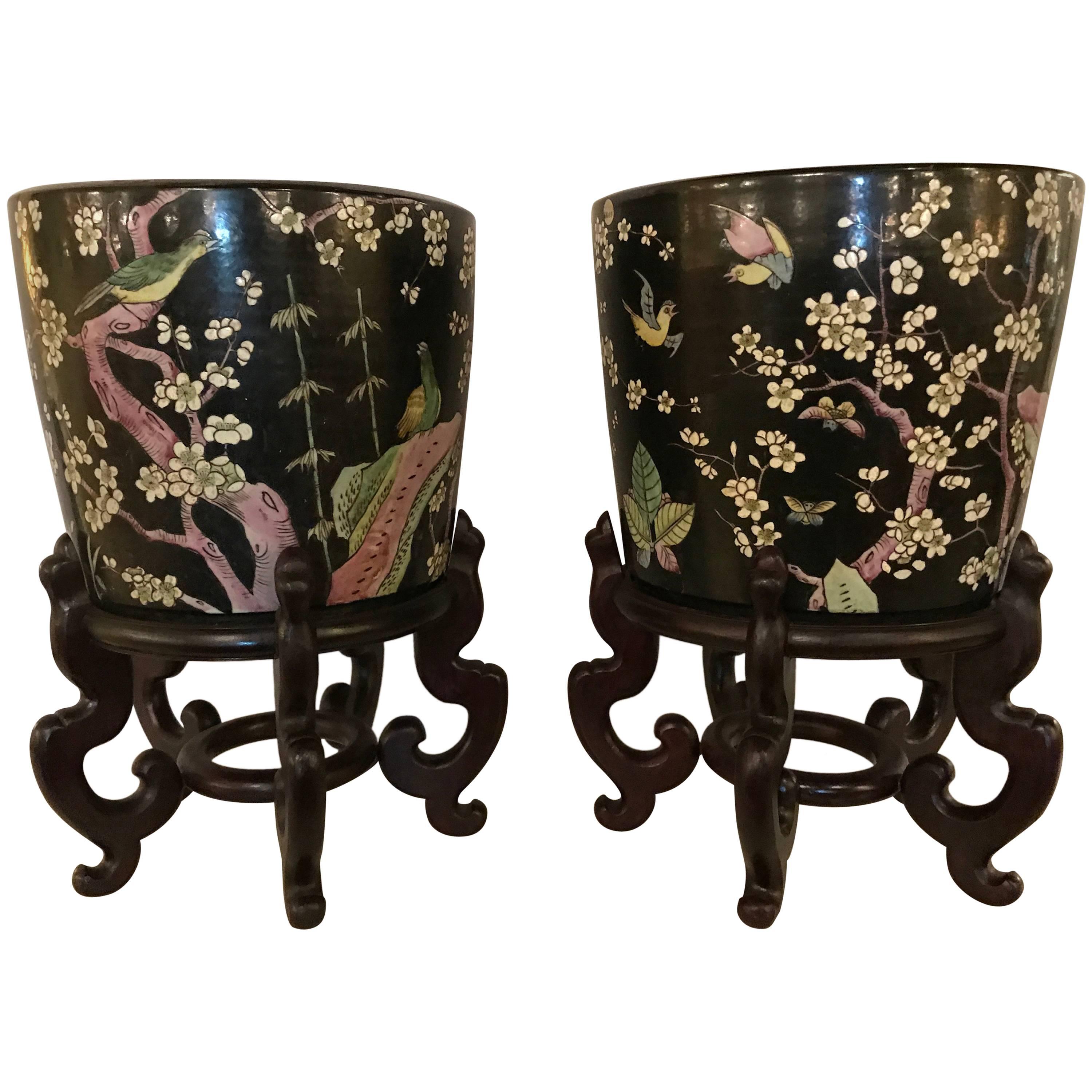 Pair of 19th Century Chinese Jardinière on Rosewood Stand