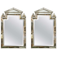 Pair of Piedmont Hollywood Regency Style Distressed Antiqued Venetian Mirrors