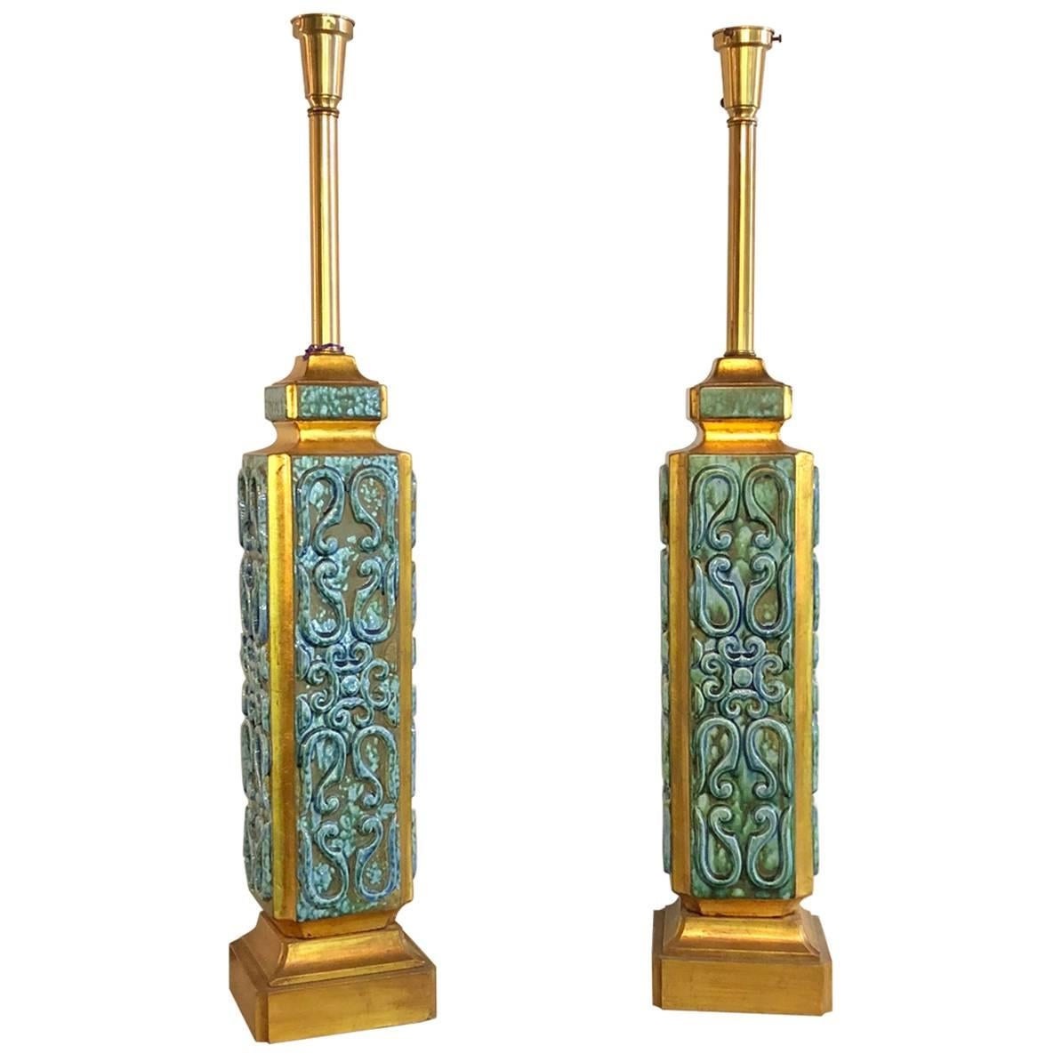 Pair of Large Turquoise Ceramic Jefferson Poole Style Pottery Table Lamps