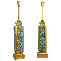 Vintage Pair of Large Turquoise Ceramic Jefferson Poole Style Pottery Table Lamps