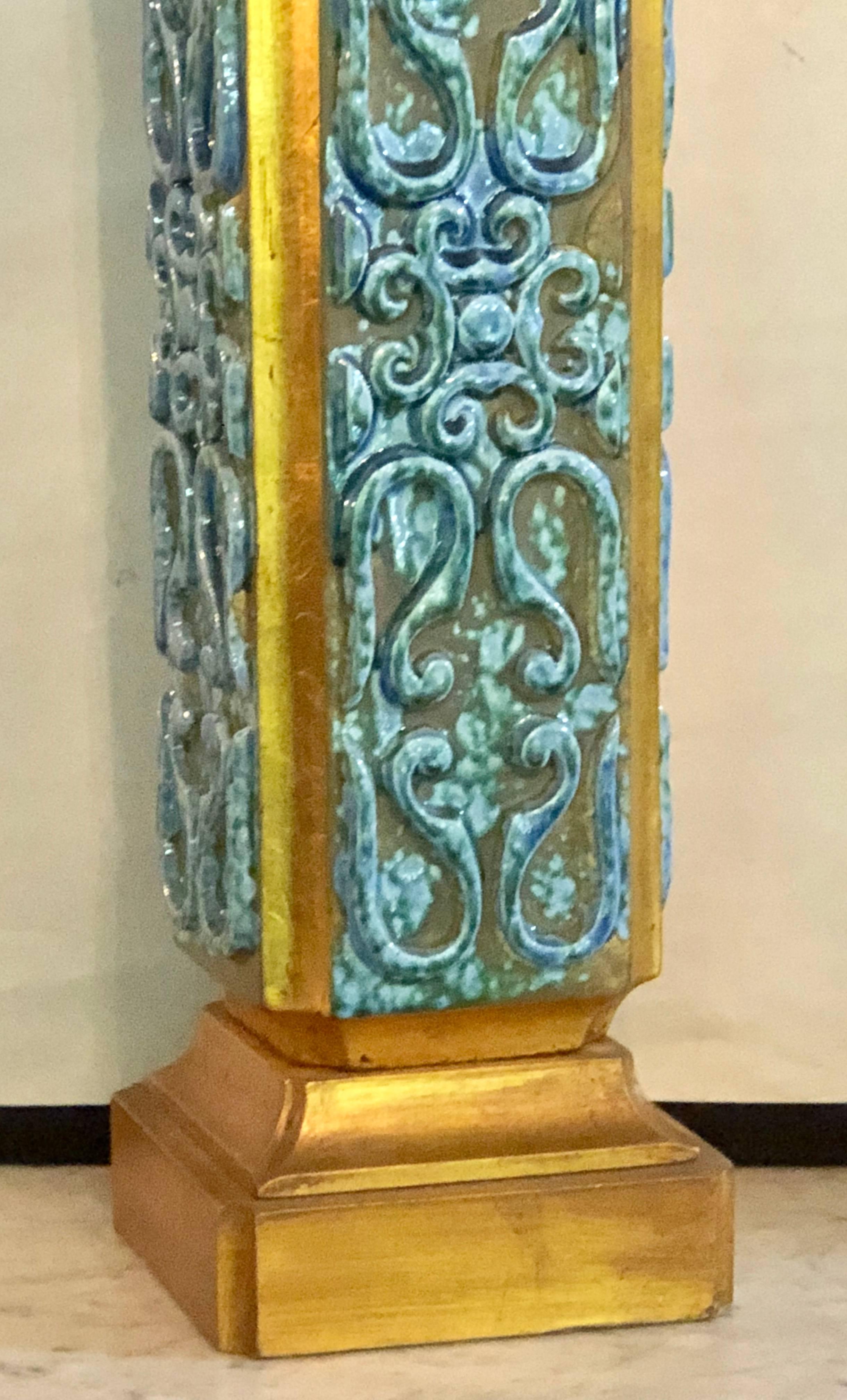 American Pair of Large Turquoise Ceramic Jefferson Poole Style Pottery Table Lamps