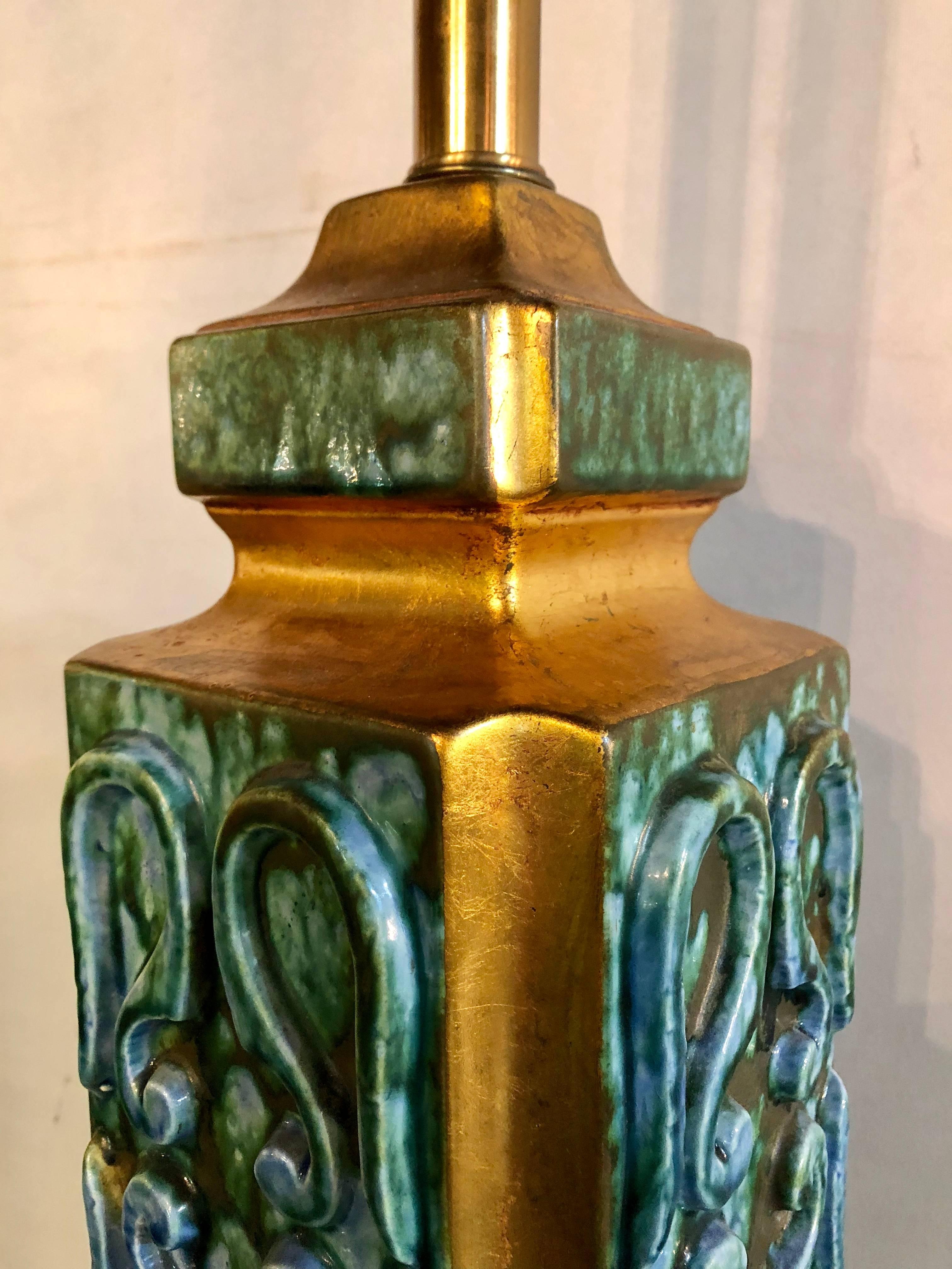 Pair of Large Turquoise Ceramic Jefferson Poole Style Pottery Table Lamps 2