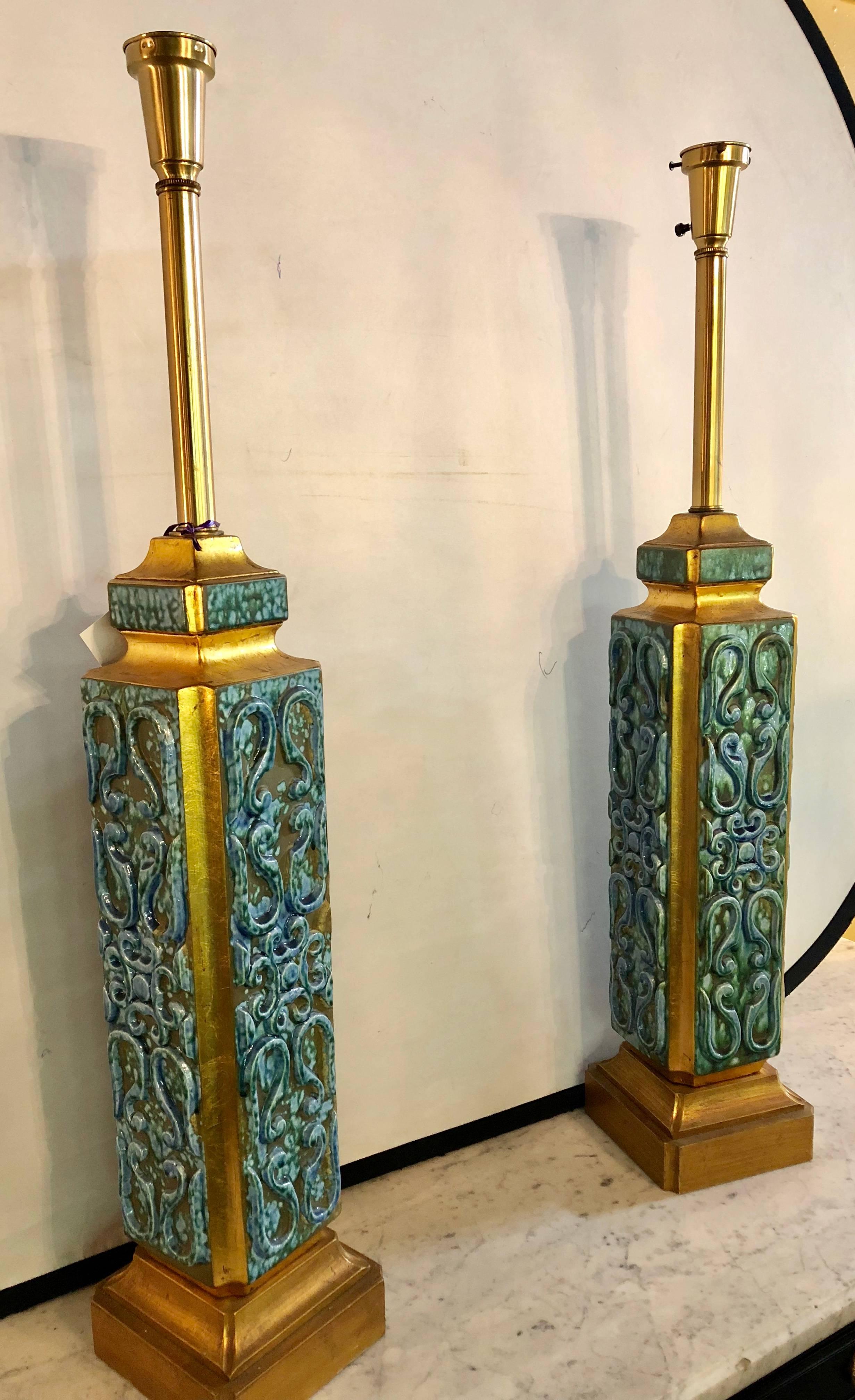 Pair of Large Turquoise Ceramic Jefferson Poole Style Pottery Table Lamps 4