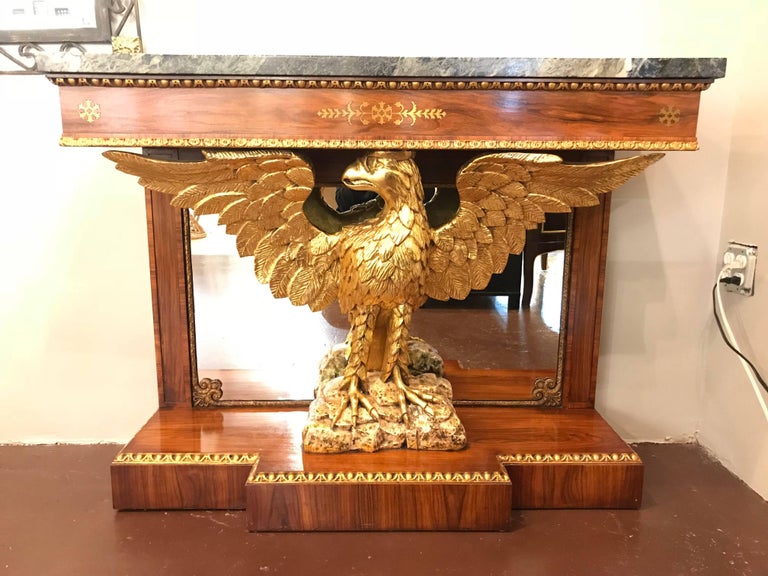Federal Pair of Regency Style Brass Inlaid Rosewood Parcel-Gilt and Marble Consoles For Sale