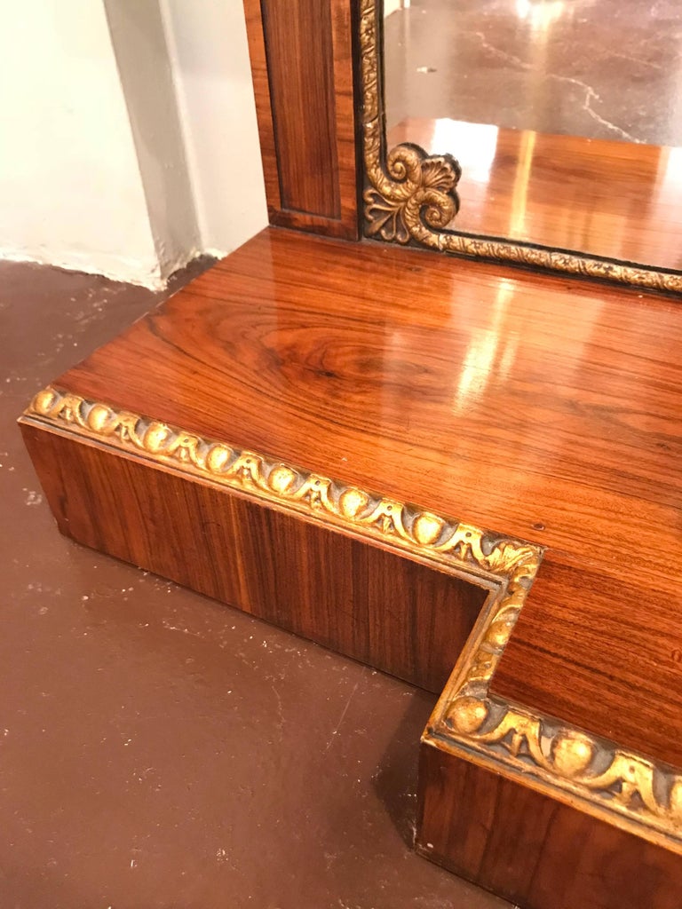 Pair of Regency Style Brass Inlaid Rosewood Parcel-Gilt and Marble Consoles For Sale 3