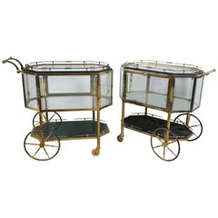 Pair of Hollywood Regency Bronze Tray Top Showcase Serving Carts or Wagons