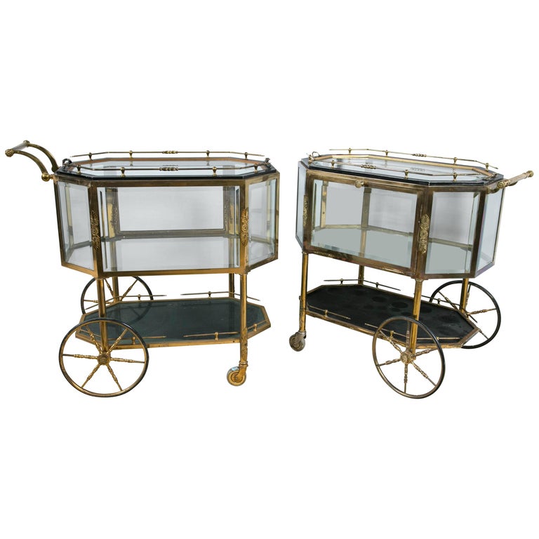 Pair of Hollywood Regency Bronze Tray Top Showcase Serving Carts or