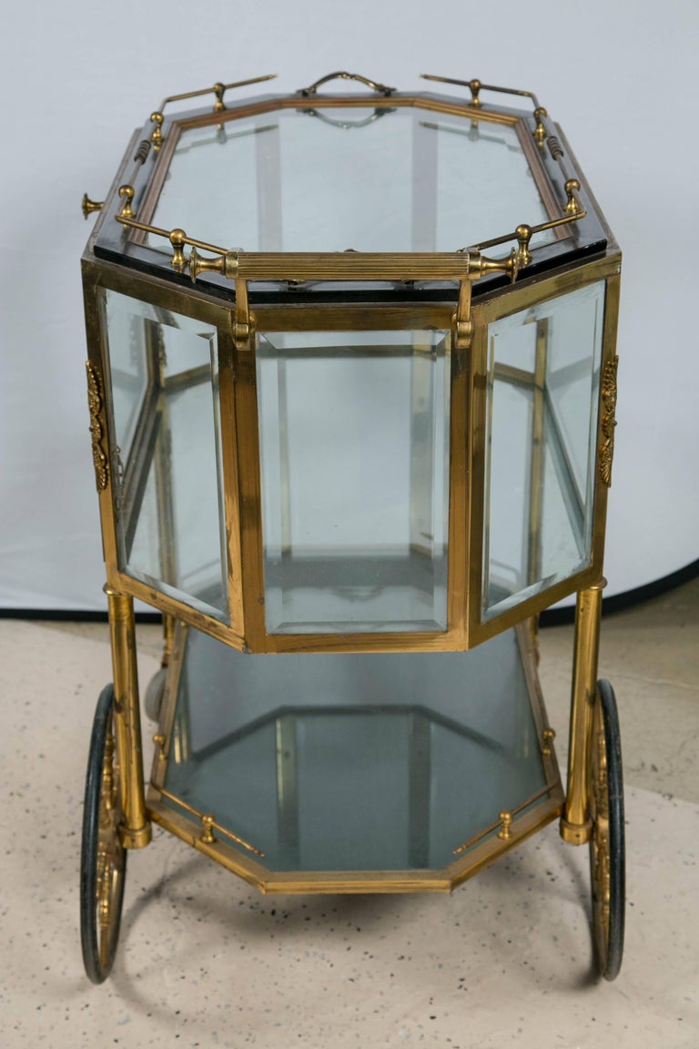 Pair of Hollywood Regency Bronze Tray Top Showcase Serving Carts or