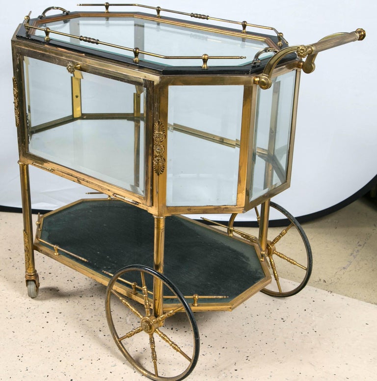 Pair of Hollywood Regency Bronze Tray Top Showcase Serving Carts or