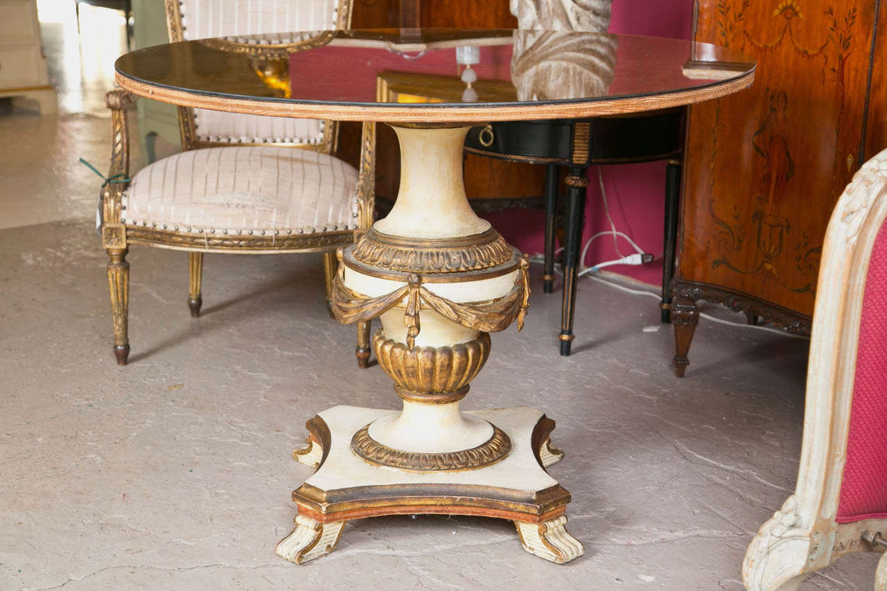 Italian Antique Finely Decorated Urn Form Base Verne Églomisé Center Glass Top Table