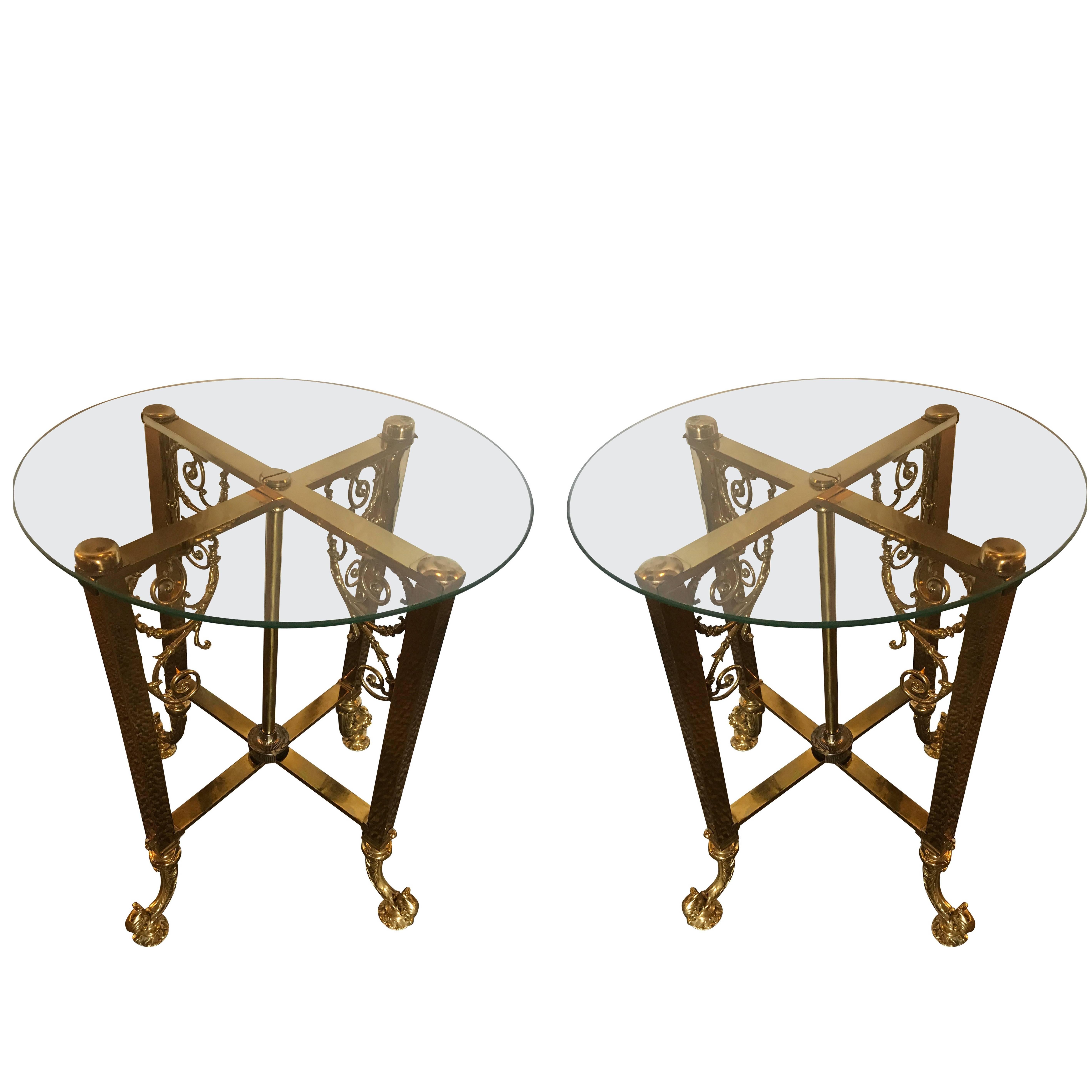 Pair of Fine Bronze Based End Tables with Glass Tops For Sale