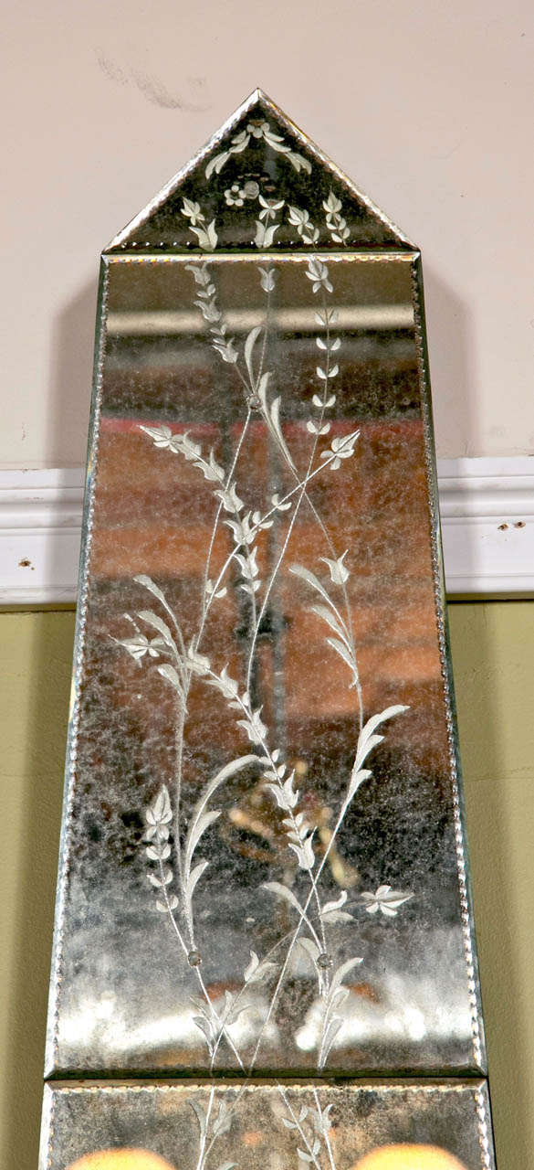 Pair of Vintage Tall Venetian Mirrored Pilasters Etched Floral Detail Glass 1