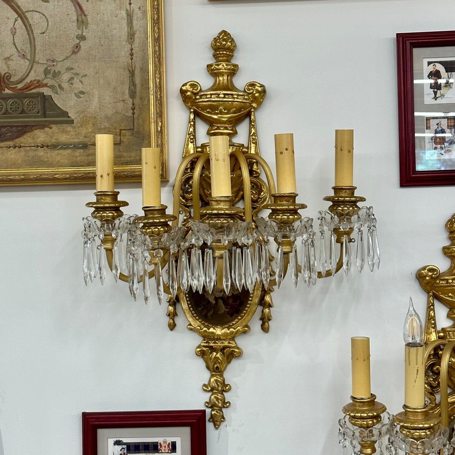 20th Century Set of Four Louis XVI Style Bronze and Crystal Rams Head Five Light Sconces