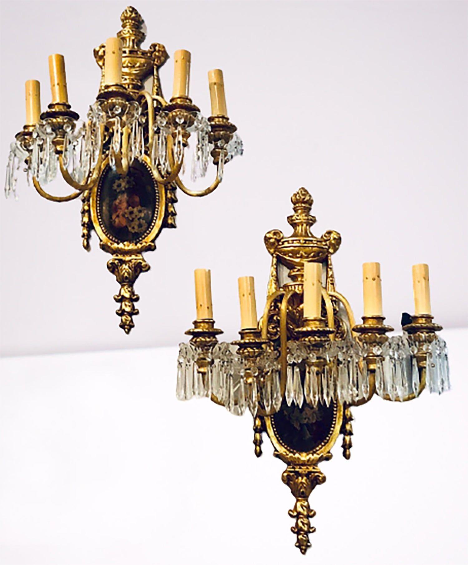 Set of Four Louis XVI Style Bronze and Crystal Rams Head Five Light Sconces 2
