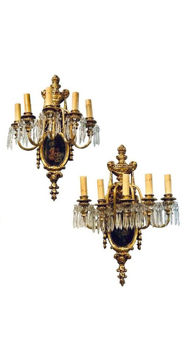 Set of Four Louis XVI Style Bronze and Crystal Rams Head Five Light Sconces 13