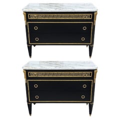 Maison Jansen Style, Hollywood Regency Commodes noires, clé grecque, marbre, bronze