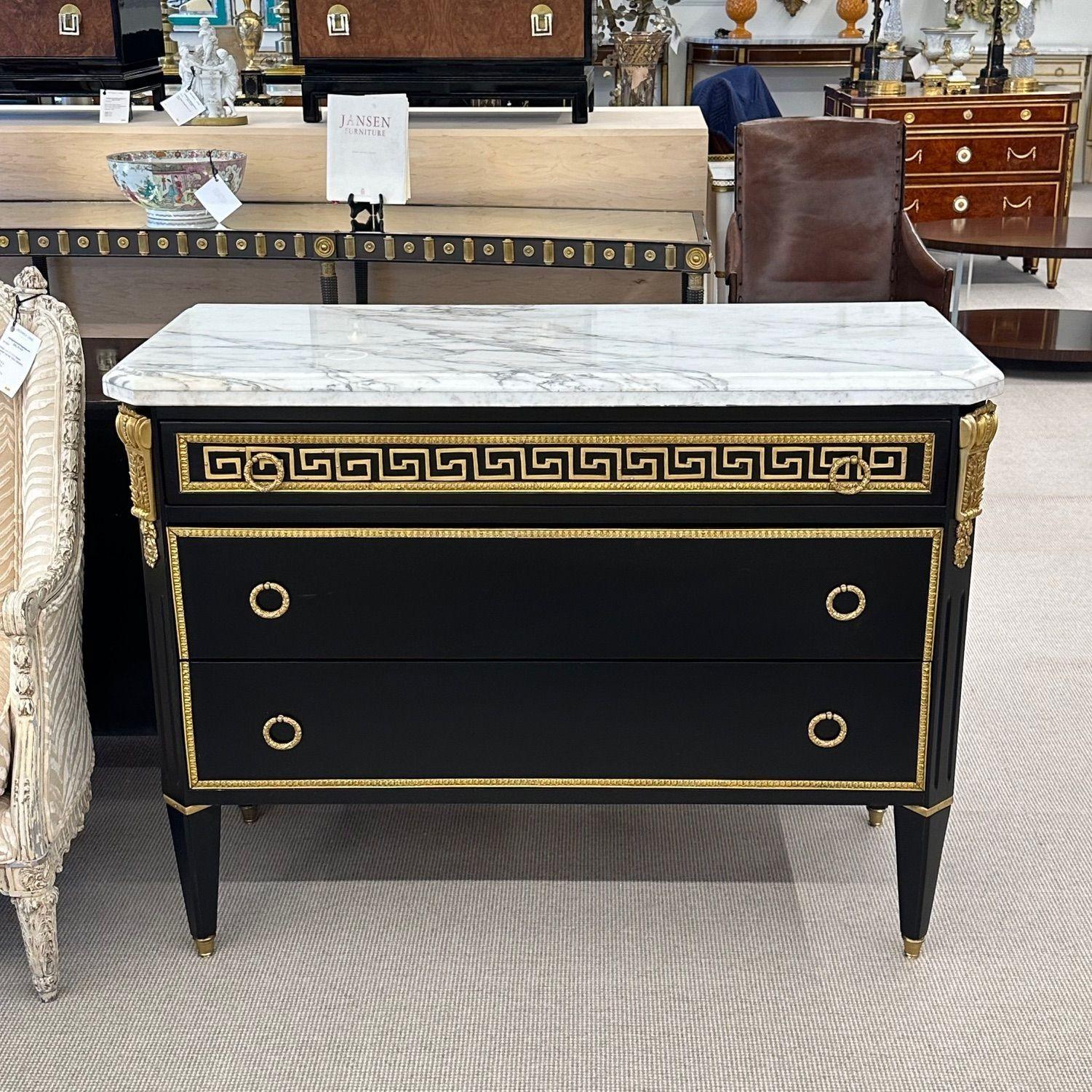 Maison Jansen Style, Hollywood Regency Black Commodes, Greek Key, Marble, Bronze In Good Condition For Sale In Stamford, CT