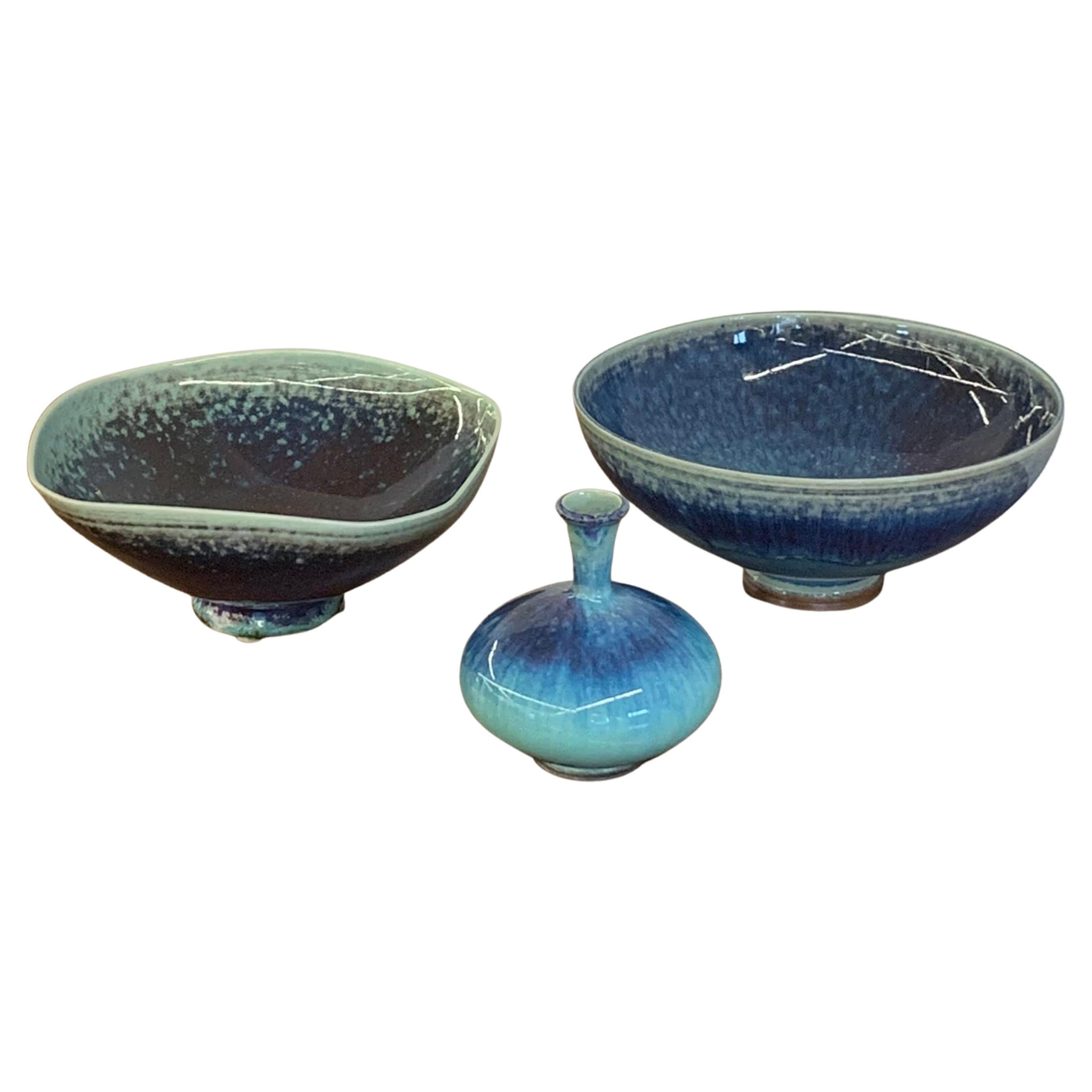 Berndt Friberg, Mid-Century Modern, Bowls, Blue Ceramic, Sweden, 1973 For Sale
