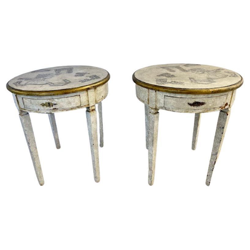 Gustavian Pair of End, Side Tables, Swedish Paint Decorated, Fornasetti Style For Sale