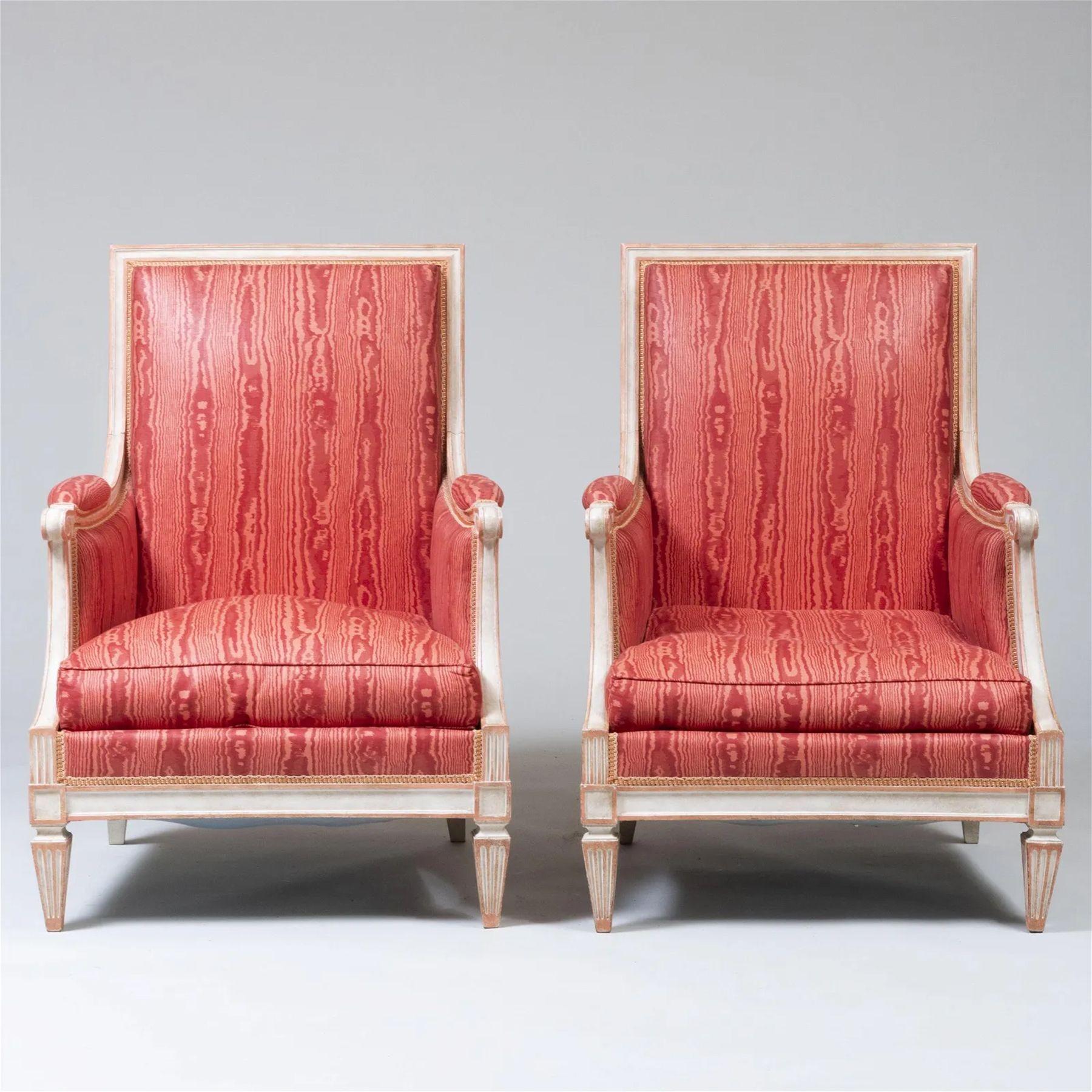 Pair of Louis XVI Style Painted Bergère Arm/Lounge Chairs, Traditional, France

Traditional Bergere, Wingback or Armchairs with a cream painted finish and pink upholstered fabric. Luxurious and comfortable are these oversized lounge chairs that
