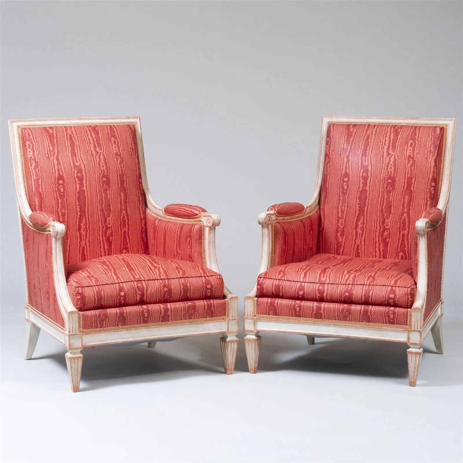 Wood Pair of Louis XVI Style Painted Bergère Arm/Lounge Chairs, Traditional, France For Sale