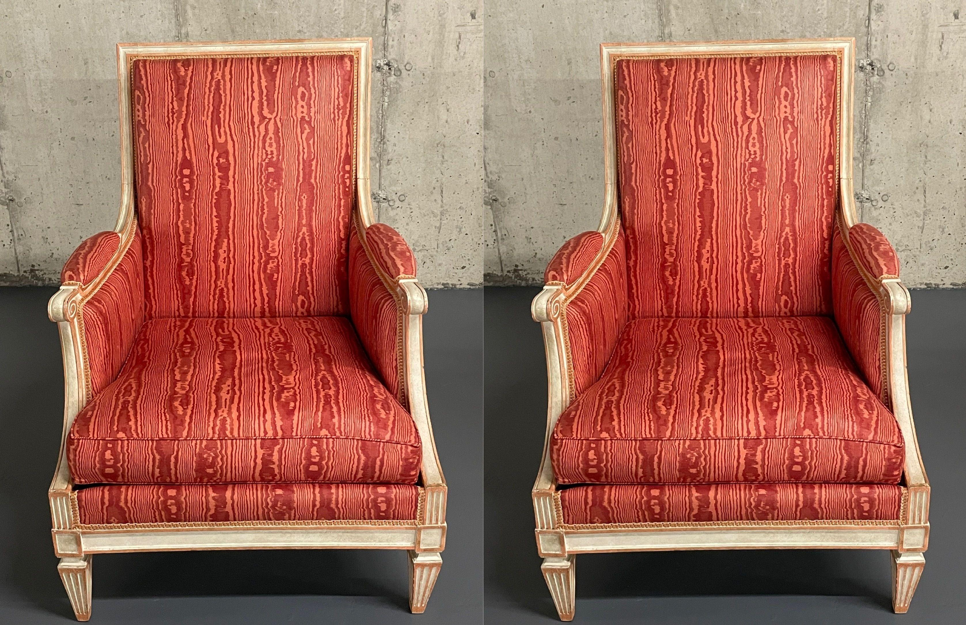European Pair of Louis XVI Style Painted Bergère Arm/Lounge Chairs, Traditional, France