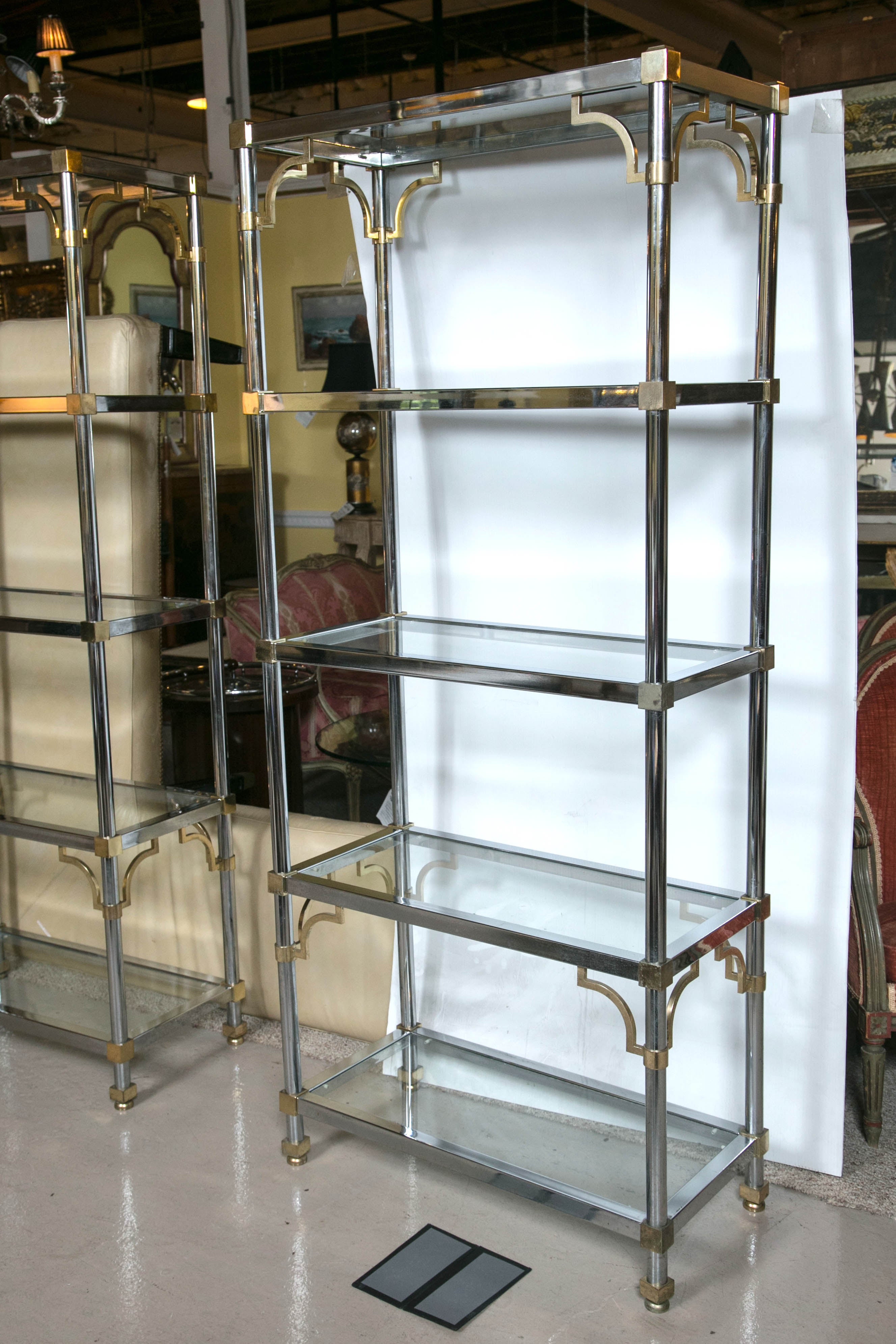 Pair of Brass and Chrome Etageres Attributed to Maison Jansen